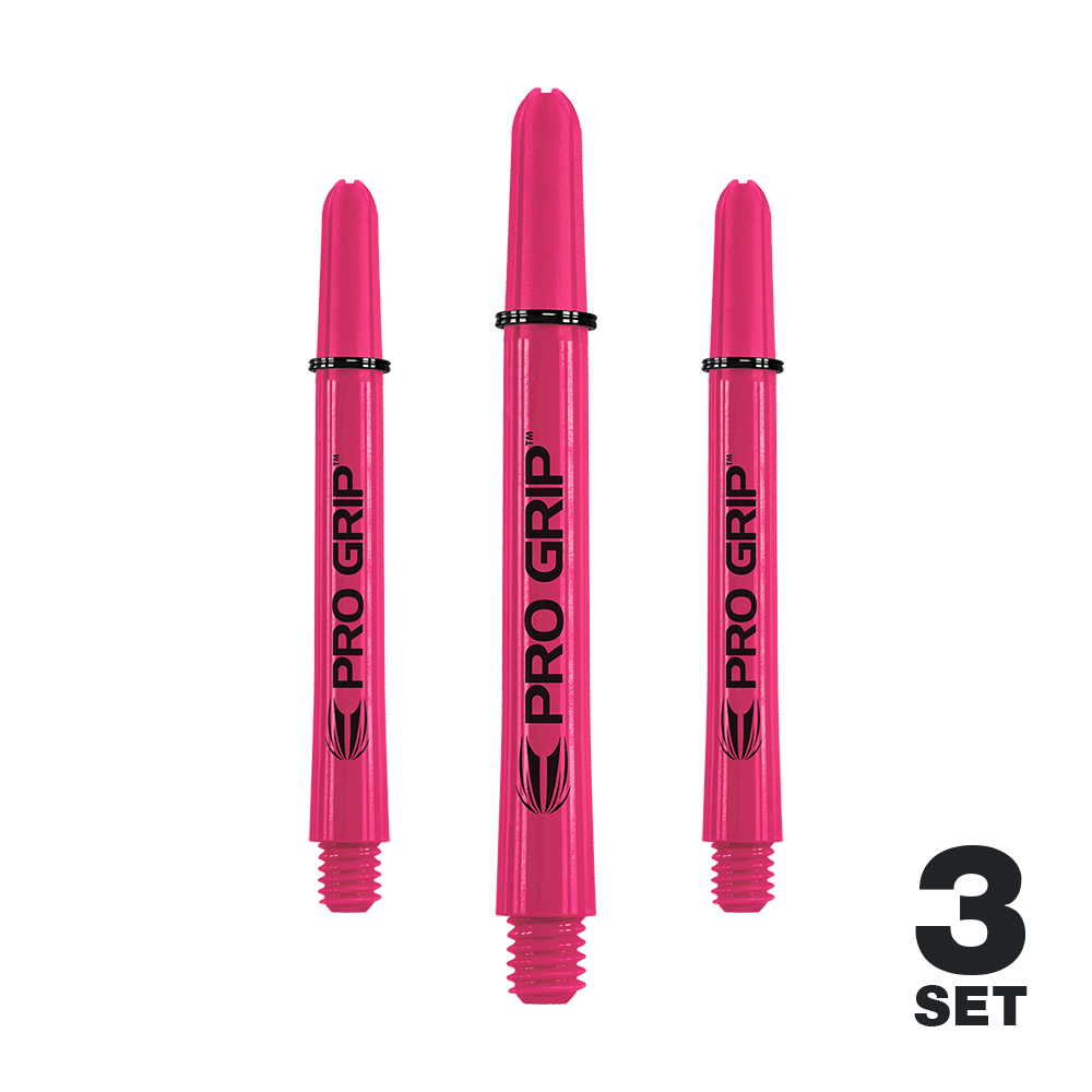 Target Pro Grip Shafts - 3 set - Rosa Das Bild zeigt drei pinke Pro Grip Shafts für Dartpfeile. In der rechten unteren Ecke steht "3 SET".