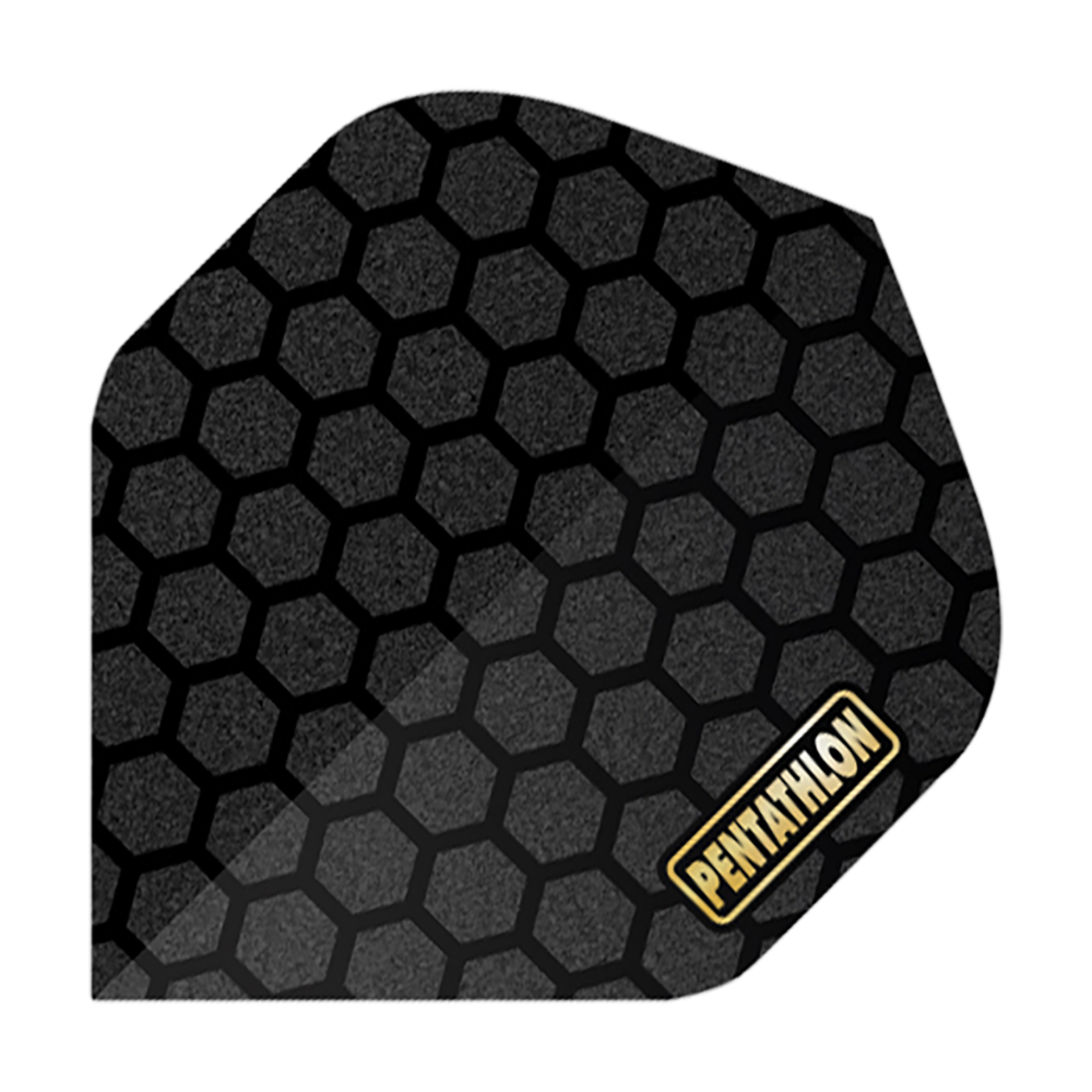 Voli Pentathlon RT Honeycomb Dieses Bild zeigt ein Dartflight mit einem schwarzen Wabenmuster. In der Ecke steht das Wort "PENTATHLON" in gelber Schrift auf einem weißen Hintergrund.
