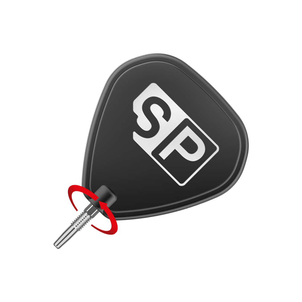 Punte per freccette Target Swiss Firepoint Silver Das Bild zeigt eine schwarze Dartspitze mit der Aufschrift "SP" in Weiß. Neben der Spitze befindet sich ein roter Pfeil, der eine Drehbewegung anzeigt.