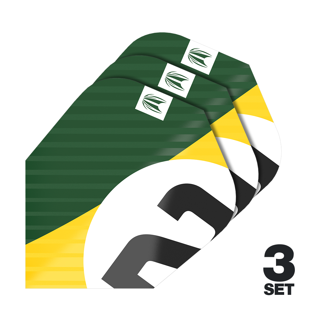 Alette Target Pro Ultra Chicane Green Ten-X - 3 set Das Bild zeigt drei Dart-Flights im grünen, gelben und weißen Design. Unten rechts steht "3 SET", was auf drei Sets hinweist.