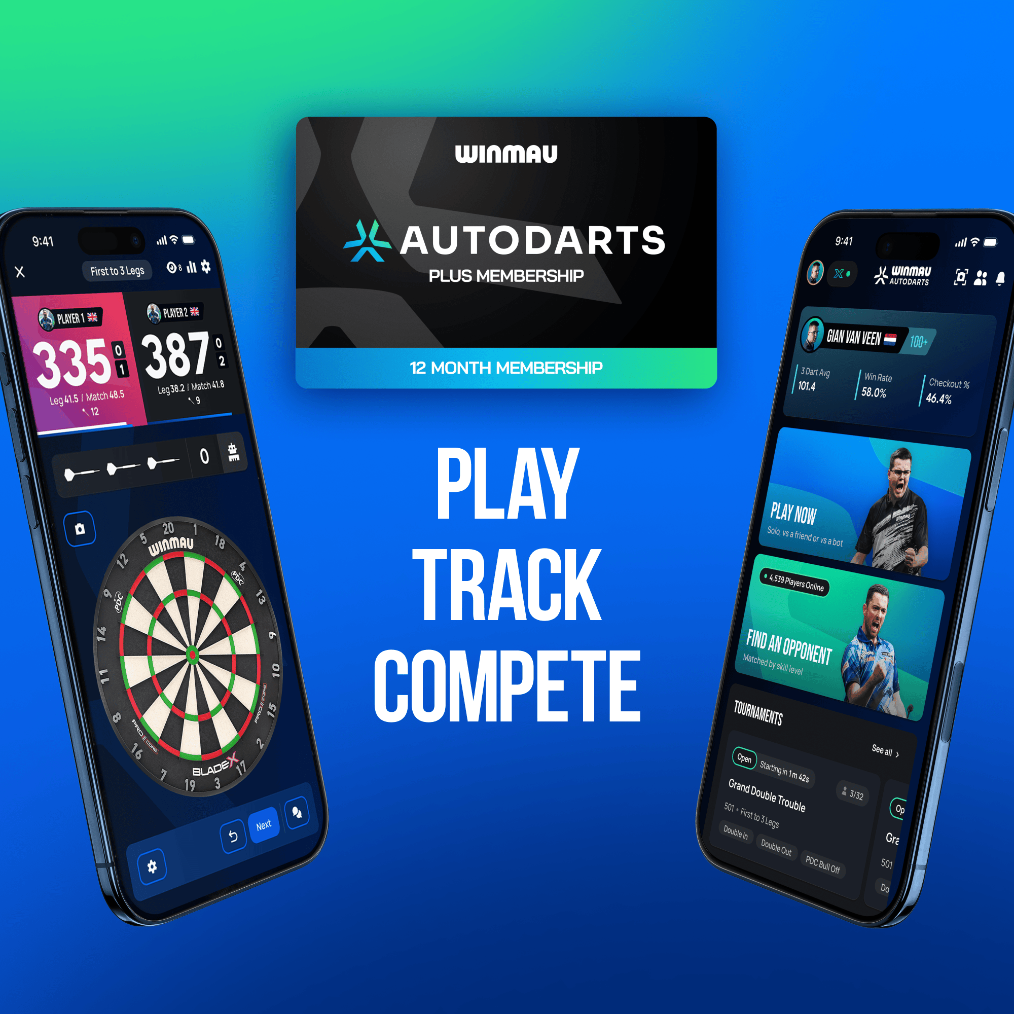 Pacchetto che include supporto per dispositivi Winmau e abbonamento di 12 mesi.