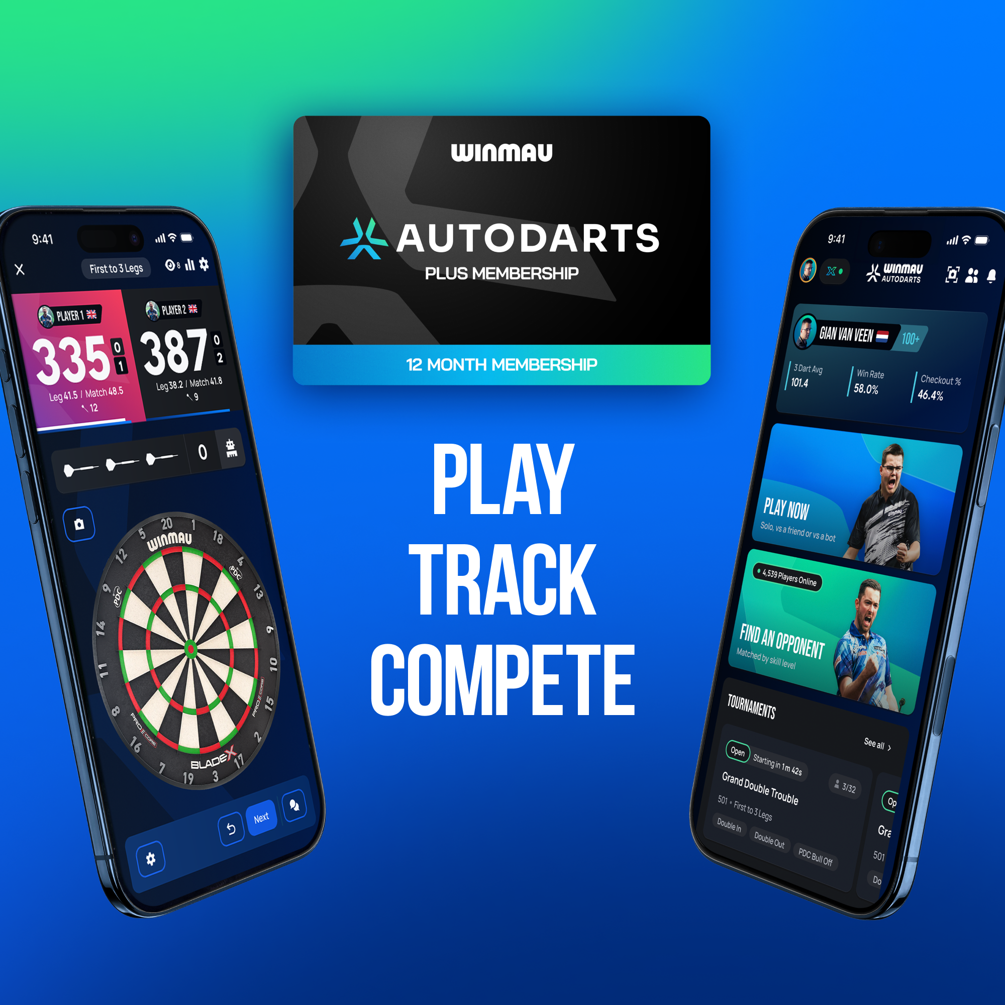 Pacchetto Winmau Autodarts con supporto per dispositivo e abbonamento di 12 mesi. Abgebildet ist das Winmau Device Stand & 12 Monate Membership Bundle. Das Set umfasst einen Ständer und eine 12-monatige Mitgliedschaft für Dartspieler.