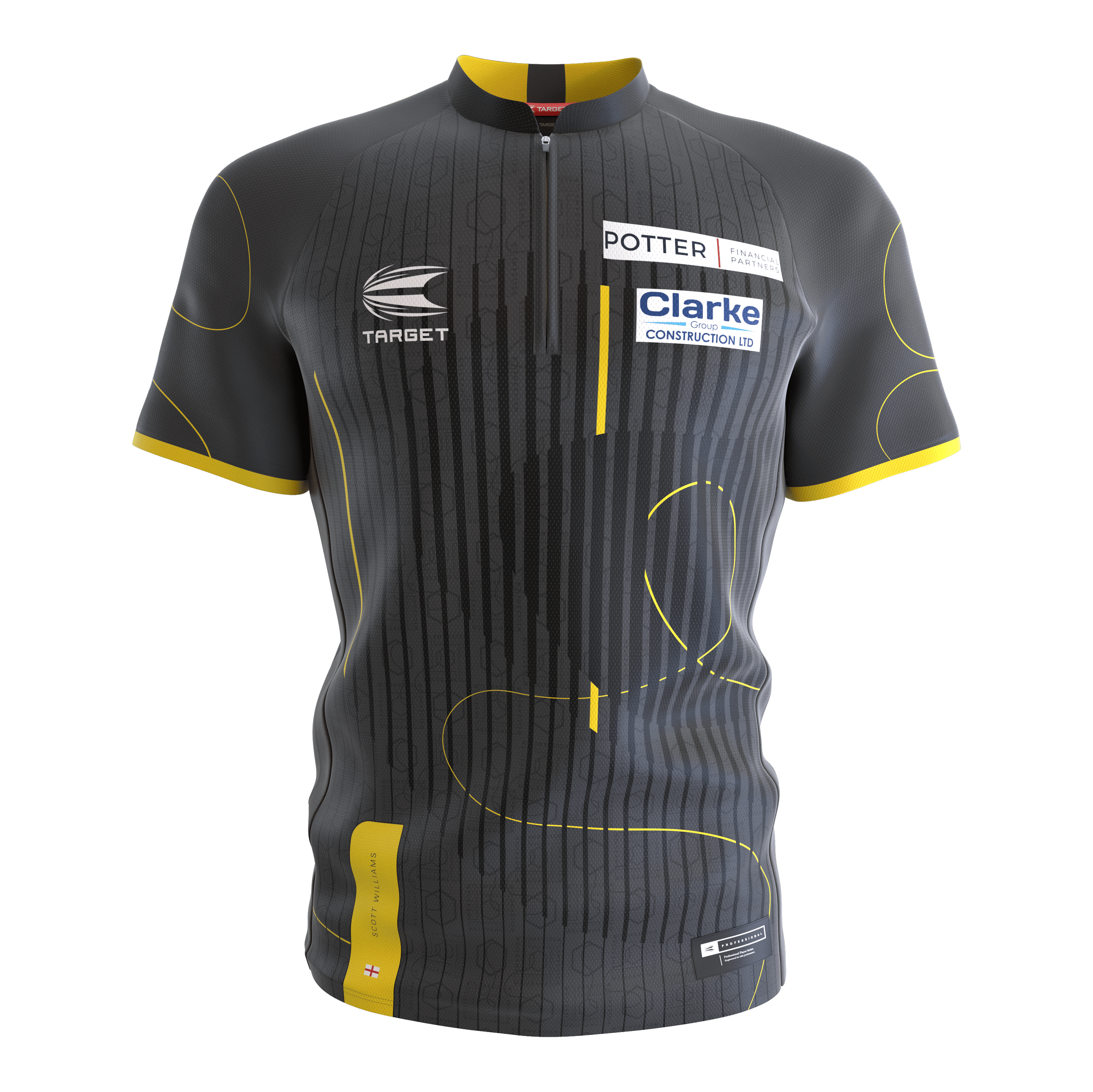 Maglietta Target Coolplay Collarless Scott Williams con freccette Das Bild zeigt ein kurzärmliges Dartshirt ohne Kragen in dunklem Grau mit gelben Akzenten. Auf dem Shirt befinden sich Sponsorenlogos sowie dezente Musterlinien.