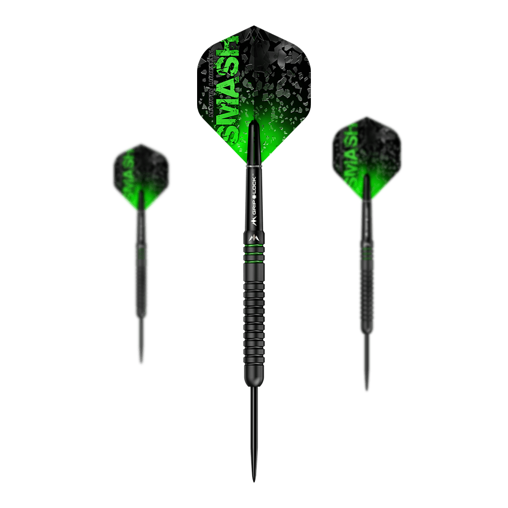 Mission Martin Lukeman Black Titanium Steeldarts - 25g Das Bild zeigt drei schwarze Titanium-Steeldarts der Marke Mission Martin Lukeman mit einem Gewicht von 25 Gramm. Die Flights sind schwarz-grün und tragen die Aufschrift "SMASH".