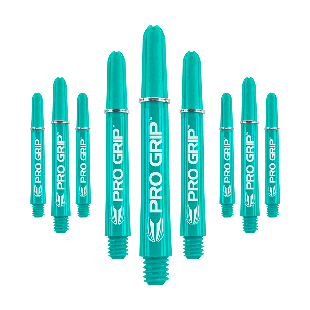 Target Pro Grip Shafts - 3 set - Aqua Das Bild zeigt neun aqua-farbene Dartschäfte mit der Aufschrift "PRO GRIP". Sie sind in drei Reihen angeordnet und haben ein einheitliches Design.
