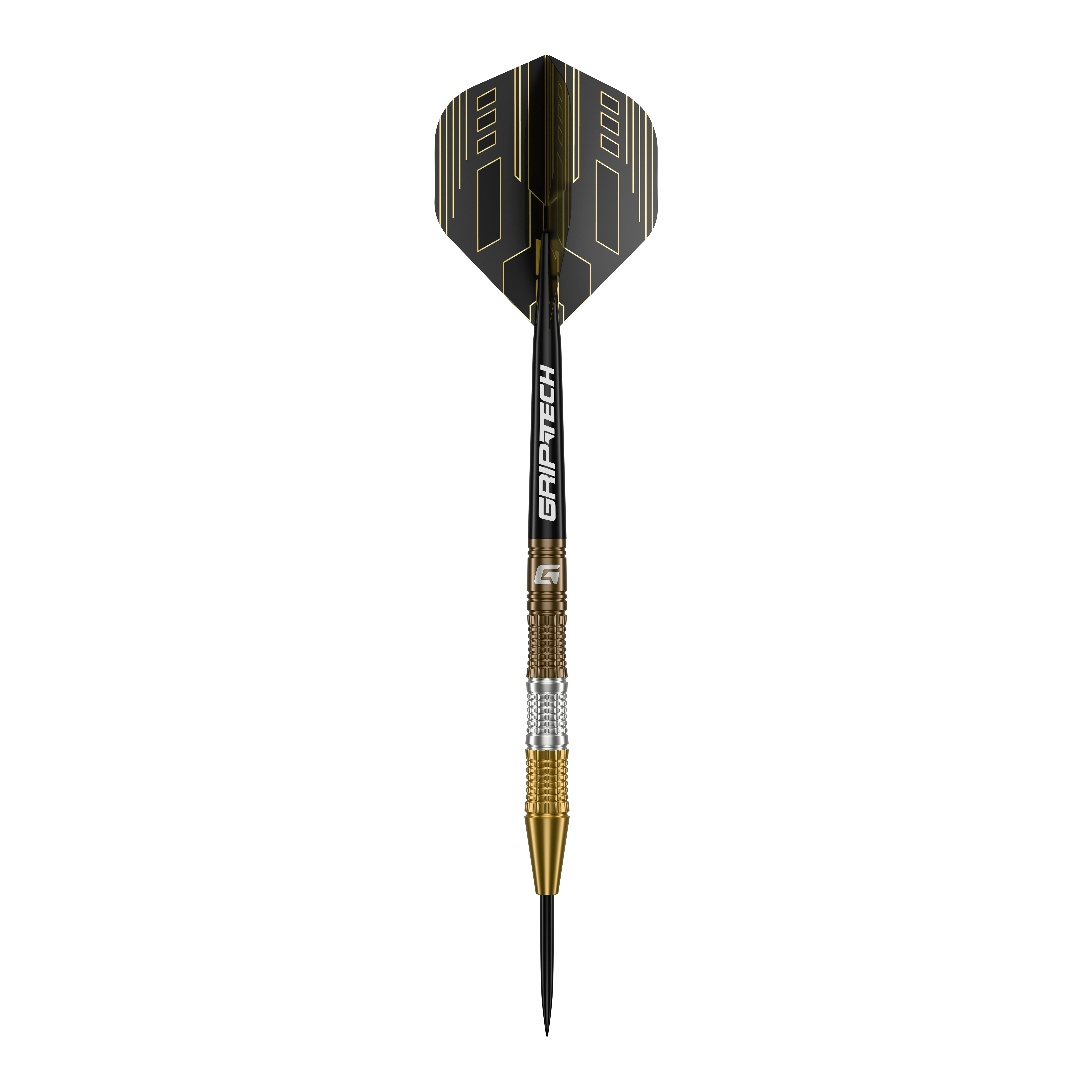 Freccette in acciaio al tungsteno GOAT Ceremony Das Bild zeigt einen GOAT Ceremony Tungsten Steeldart mit einem eleganten Design in Gold, Silber und Schwarz. Auf dem Schaft steht der Schriftzug "GRIP-TECH".