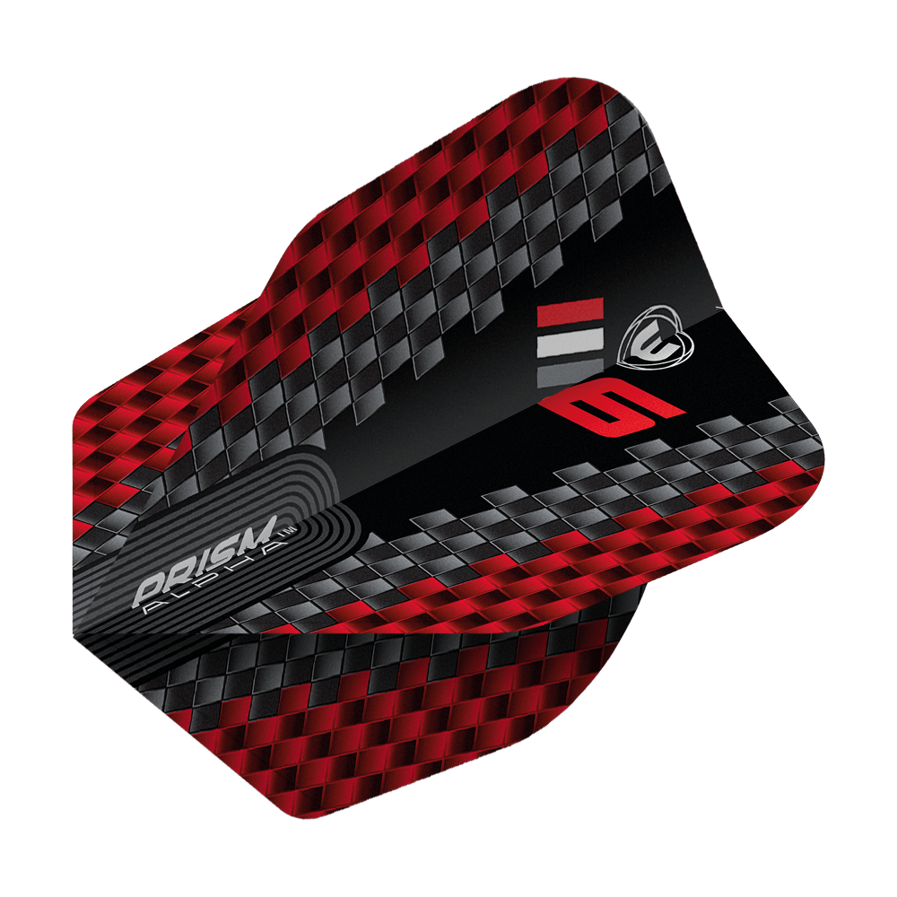 Voli Winmau Prism Alpha Blade 6 Chevron No6 Das Bild zeigt ein Winmau Prism Alpha Blade 6 Chevron No6 Flight für Dartpfeile. Das Flight hat ein rot-schwarzes Karomuster mit silbernen und roten Akzenten.