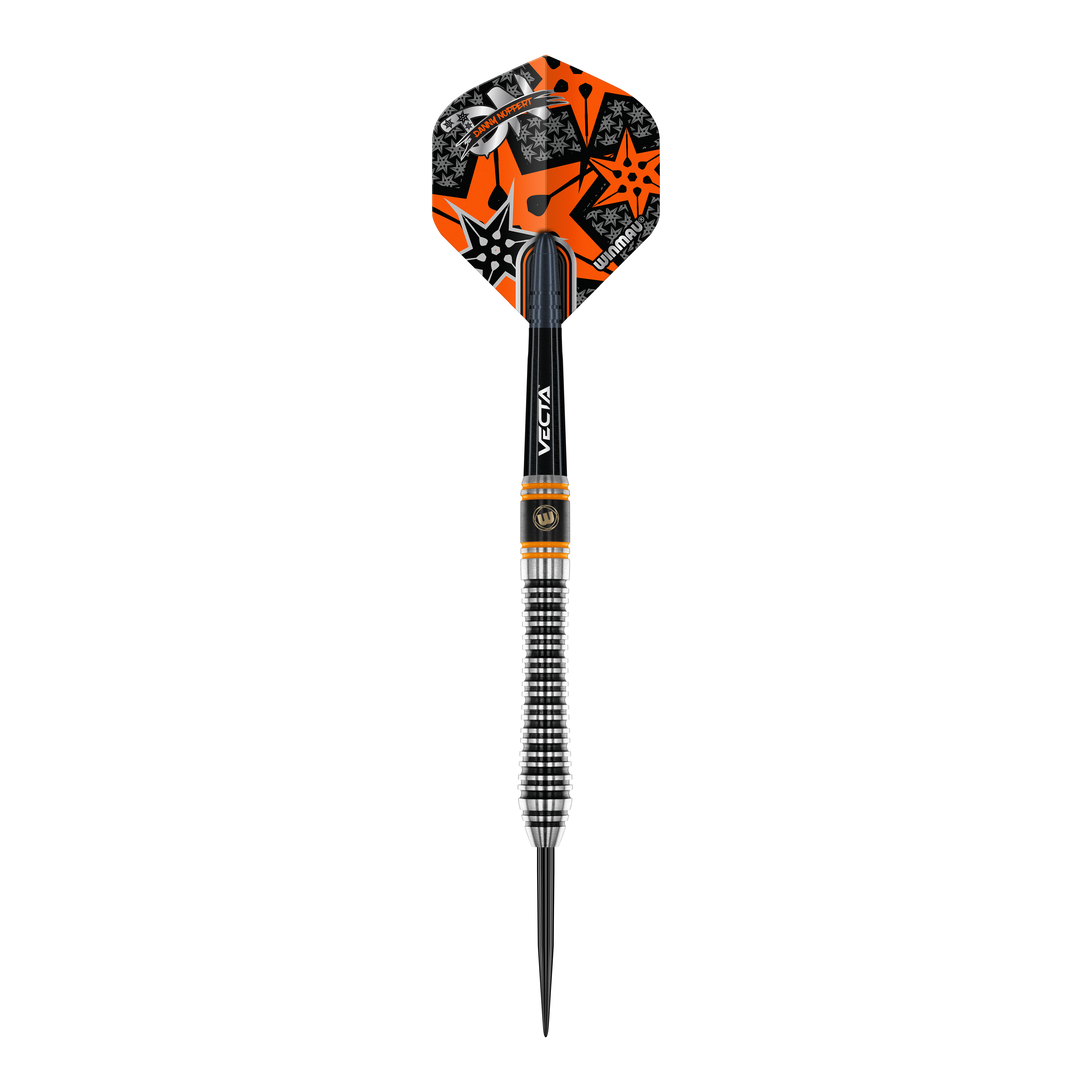Winmau Danny Noppert Signature Edition 2 freccette in acciaio Dies ist ein Winmau Danny Noppert Signature Edition 2 Steeldart. Der Dart hat ein auffälliges schwarzes, silbernes und orangefarbenes Design mit Sternmotiven auf dem Flight.