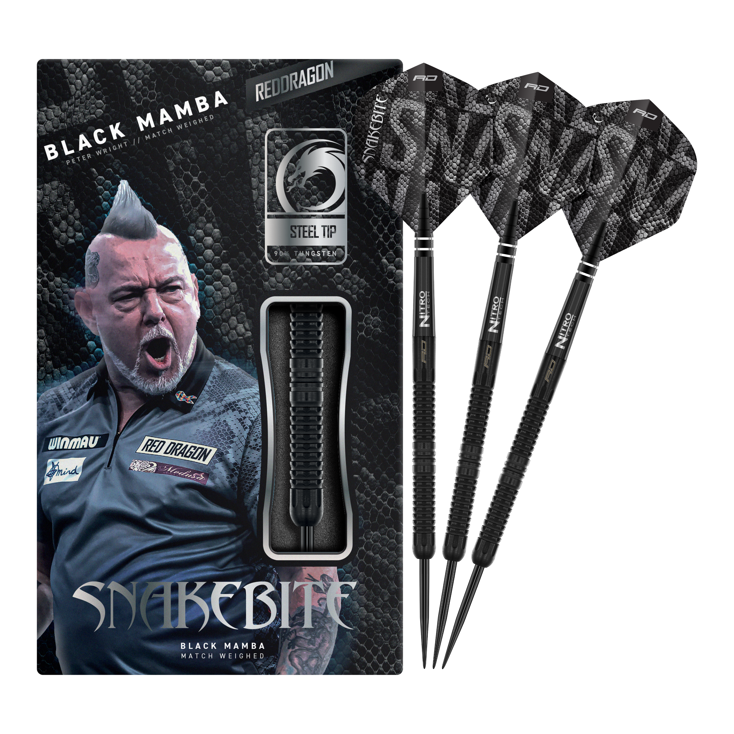 Red Dragon Peter Wright Snakebite Black Mamba Steeldarts Abgebildet ist der Red Dragon Peter Wright Snakebite Black Mamba Steeldart. Das Produkt zeichnet sich durch sein schwarzes Design und hochwertige Verarbeitung aus.