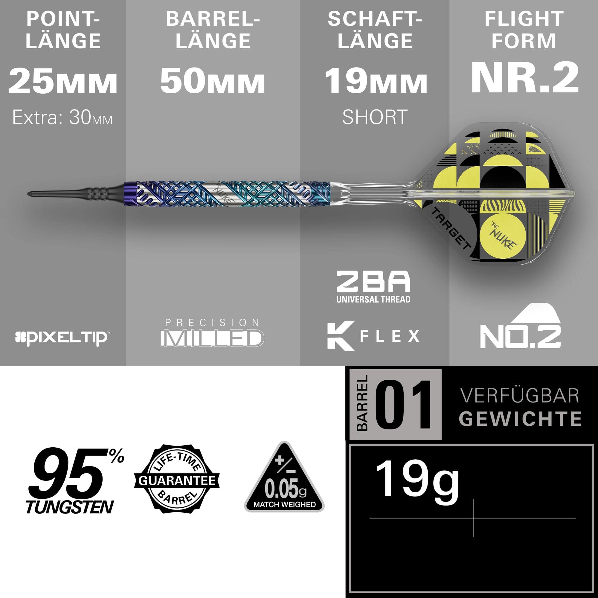 Freccette morbide Target Luke Littler Edge - 19 g Abgebildet sind die Target Luke Littler Edge Softdarts - 19g. Die Darts liegen auf einer glatten Oberfläche und sind aus der Nähe zu sehen.