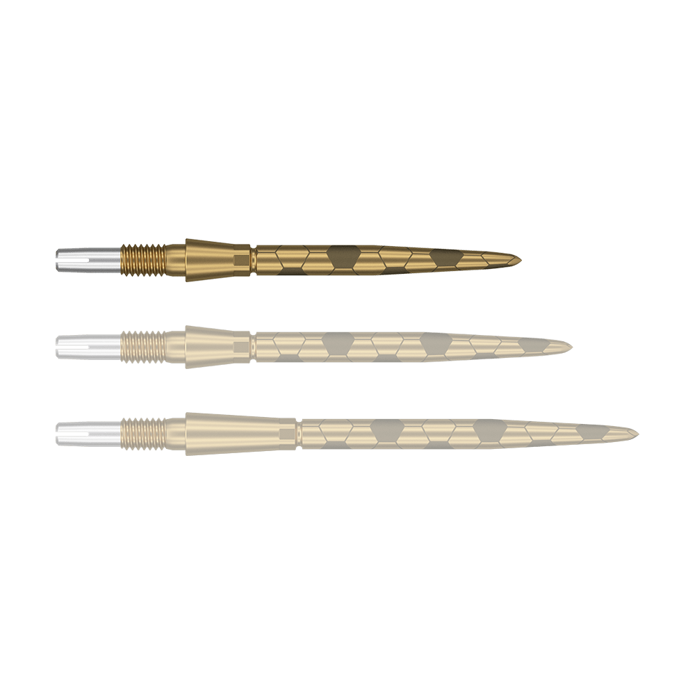 Punte per freccette Target Swiss Storm Onyx Point - Oro Das Bild zeigt drei goldfarbene Dartspitzen mit sechseckigen Mustern. Sie liegen nebeneinander und sind in unterschiedlichen Perspektiven dargestellt.