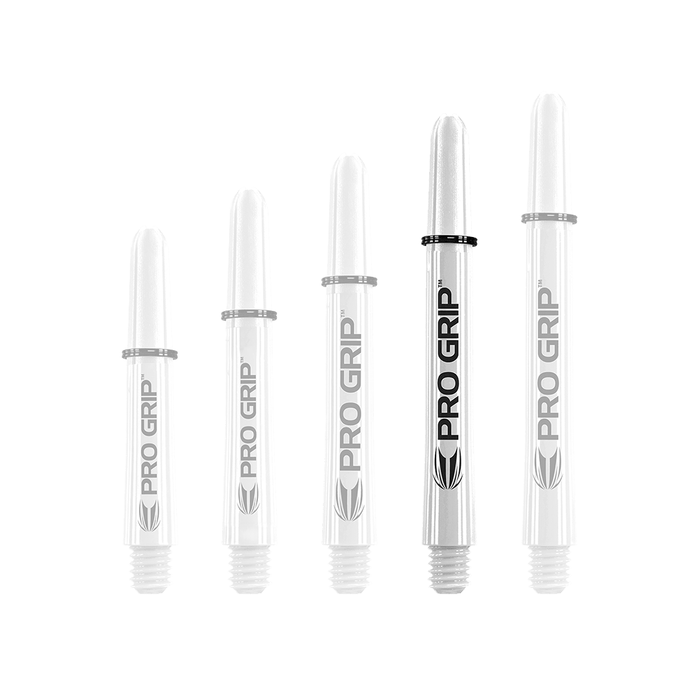 Target Pro Grip Shafts - 3 set - Bianco Auf dem Bild sind fünf weiße Pro Grip Shafts für Dartpfeile in unterschiedlicher Länge zu sehen. Sie sind mit dem Schriftzug "PRO GRIP" und einem schwarzen Ring versehen.