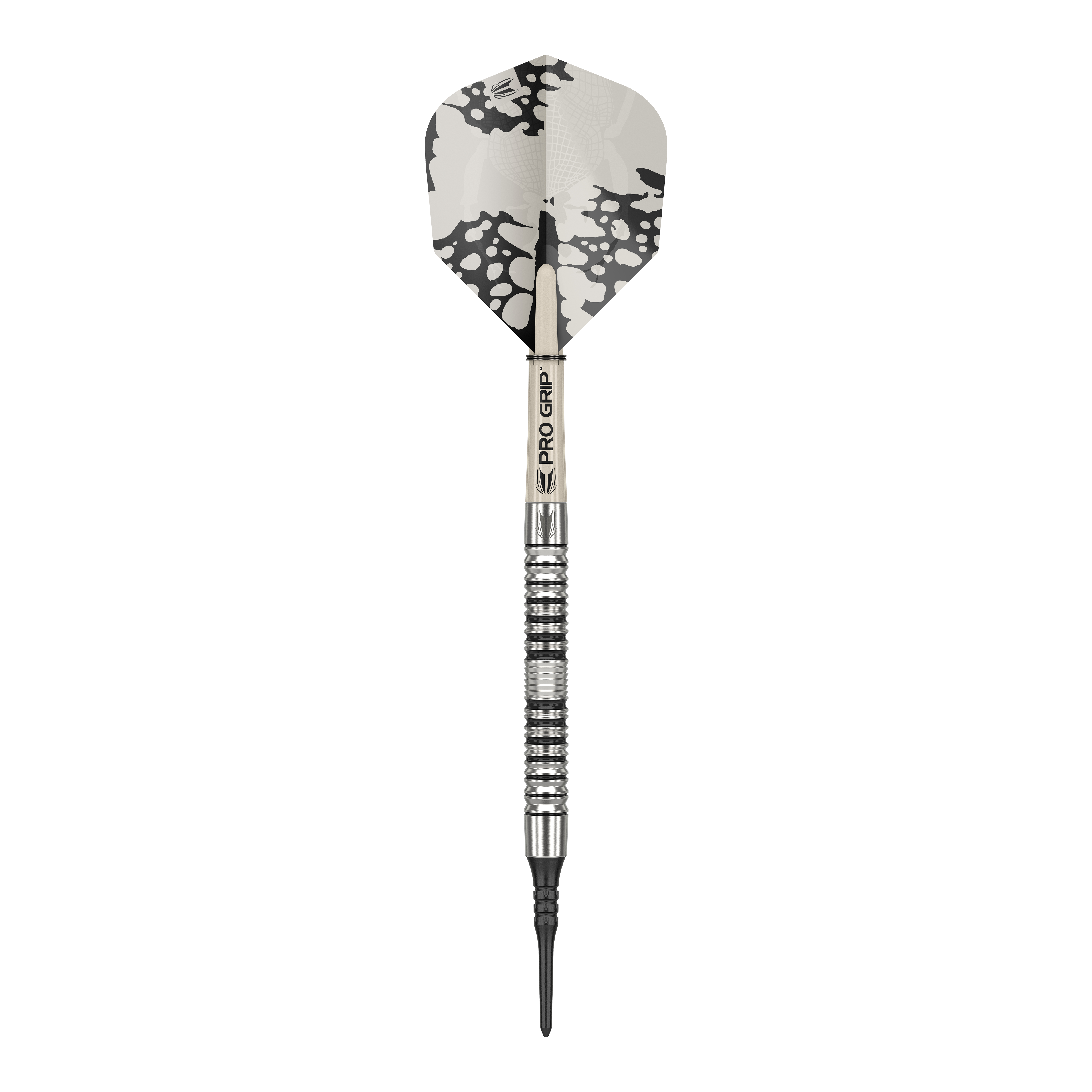 Freccette morbide Target EXO 10 Das Bild zeigt einen Target EXO 10 Softdart. Der Dart hat ein silbernes und schwarzes Design mit einem gemusterten Flight.