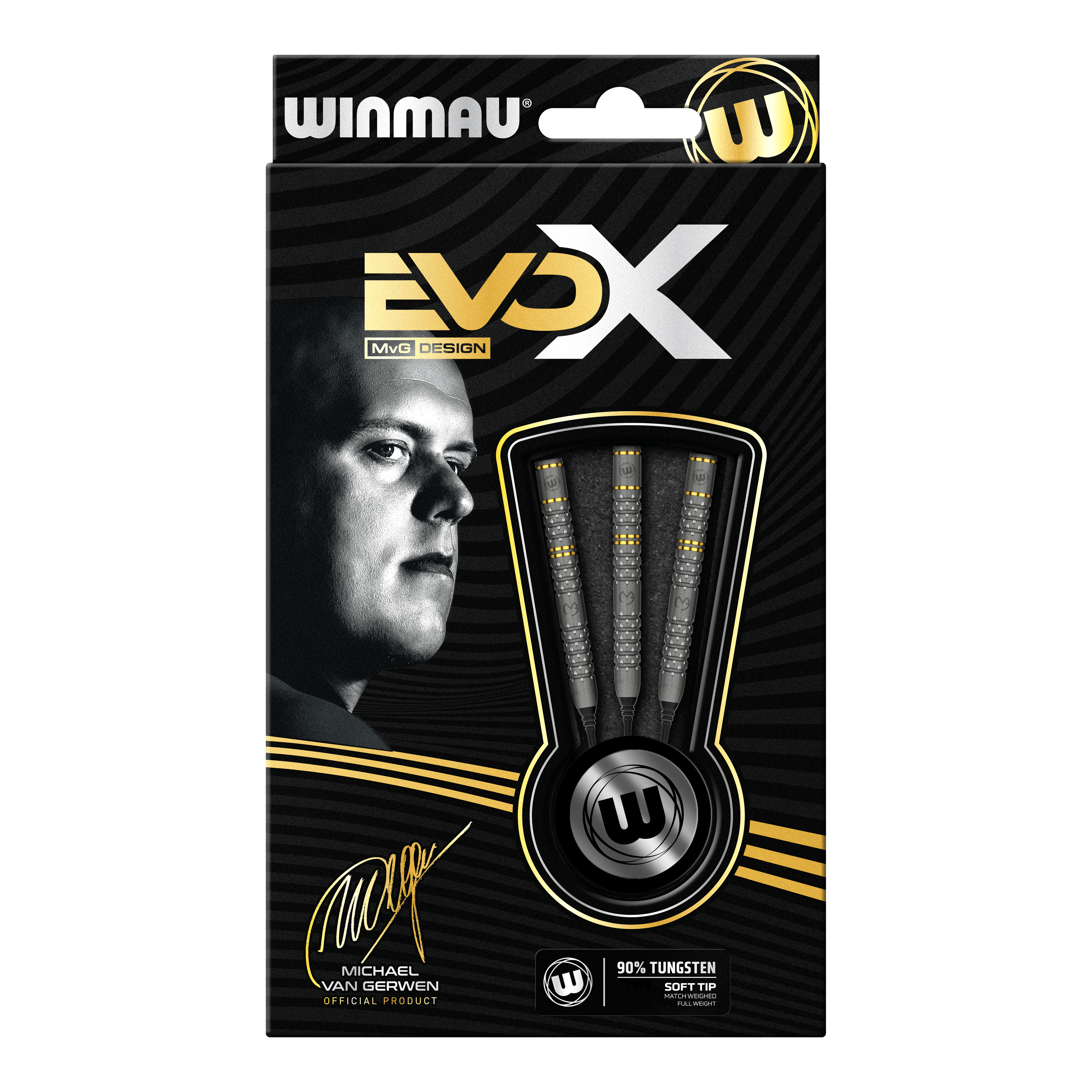 Freccette morbide Winmau Michael Van Gerwen Evo-X - 20g Die Abbildung zeigt die Verpackung der "Winmau Michael Van Gerwen Evo-X Softdarts - 20g". Auf der Vorderseite sind drei Softdarts sowie ein Porträt von Michael Van Gerwen zu sehen.
