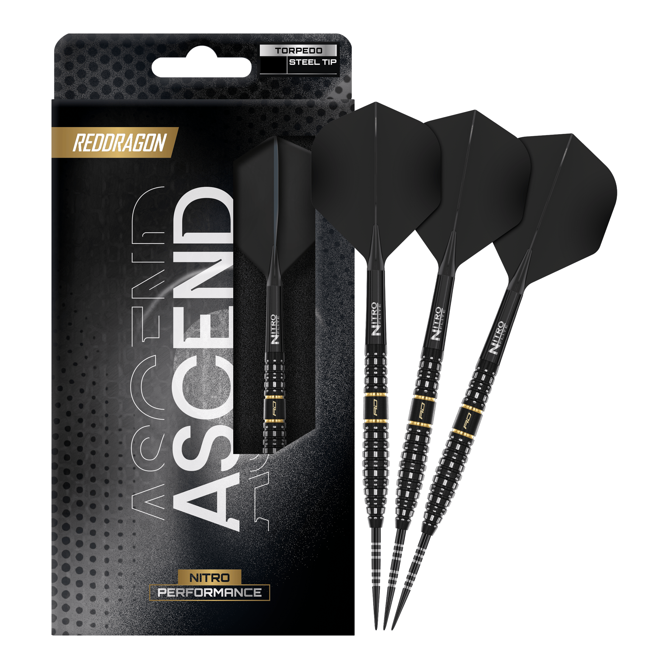Dardi in acciaio Red Dragon Ascend Torpedo Zu sehen ist das komplette Set der Red Dragon Ascend Torpedo Steeldarts. Die Aufnahme zeigt alle enthaltenen Komponenten des Produkts.