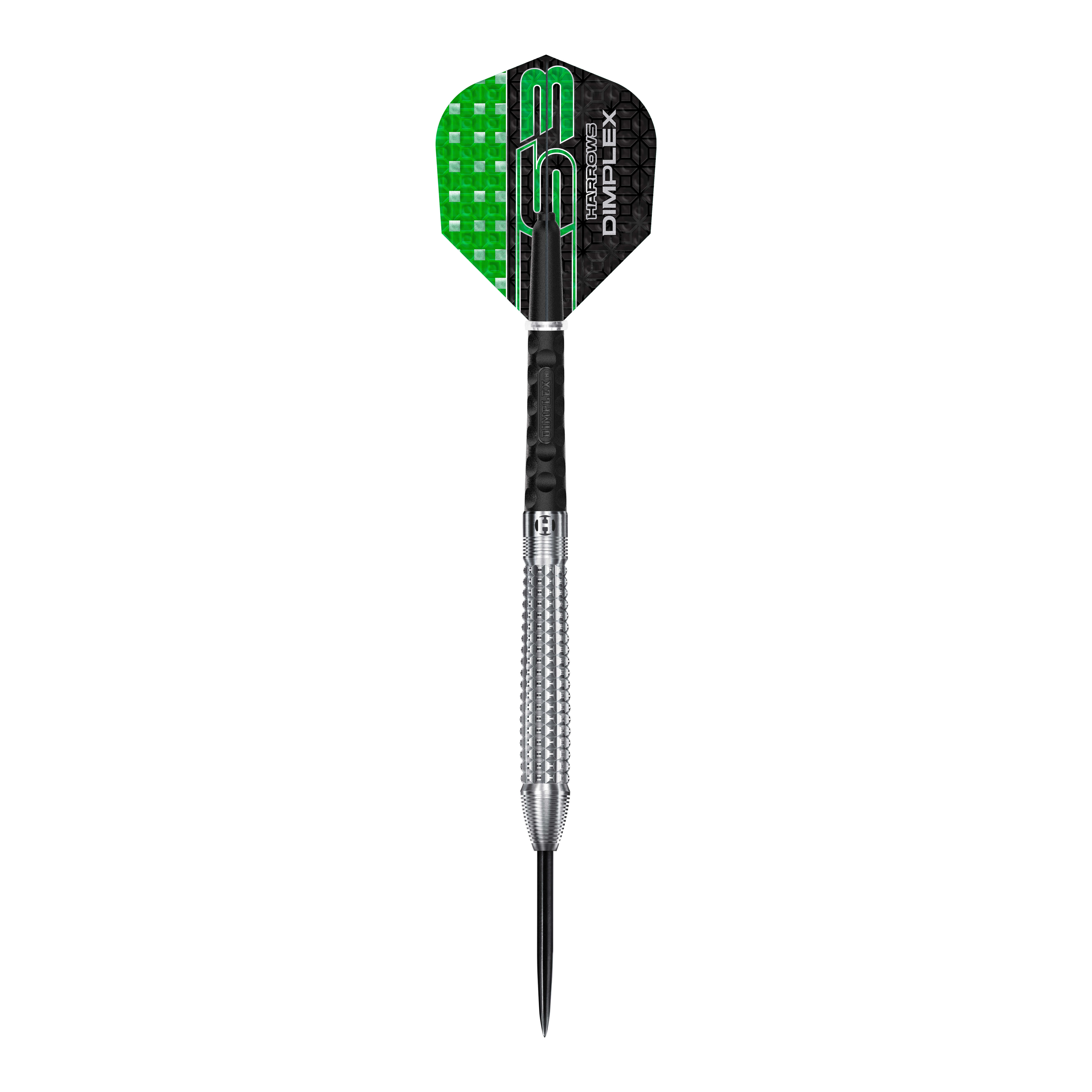 Freccette in acciaio conico Harrows Dimplex S3 Auf dem Bild ist ein Harrows Dimplex S3 Tapered Steeldart zu sehen. Der Dartpfeil hat eine silberne, geriffelte Spitze und grün-schwarze Flights.