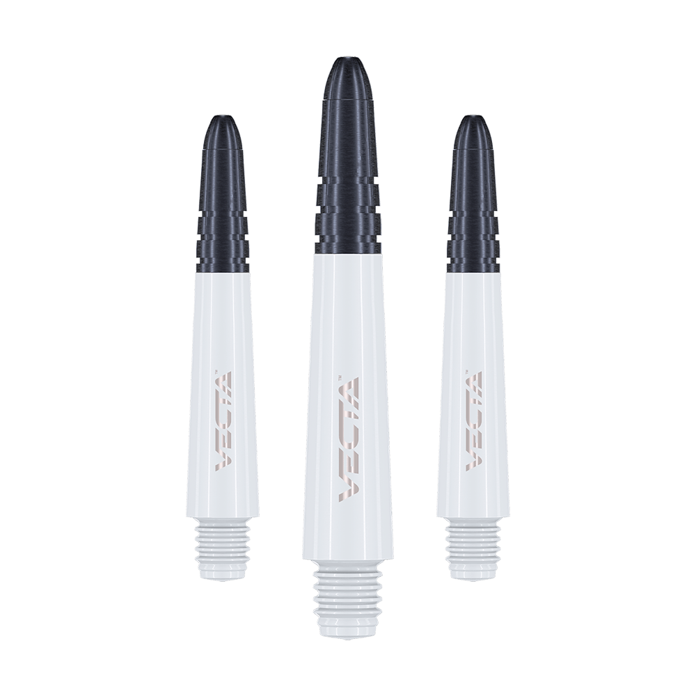 7025-102_Winmau_Vecta_Shafts_Weiss_34mm_1 Das Bild zeigt drei weiße Winmau Vecta Shafts für Darts. Die Shafts haben schwarze Spitzen und ein modernes Design.