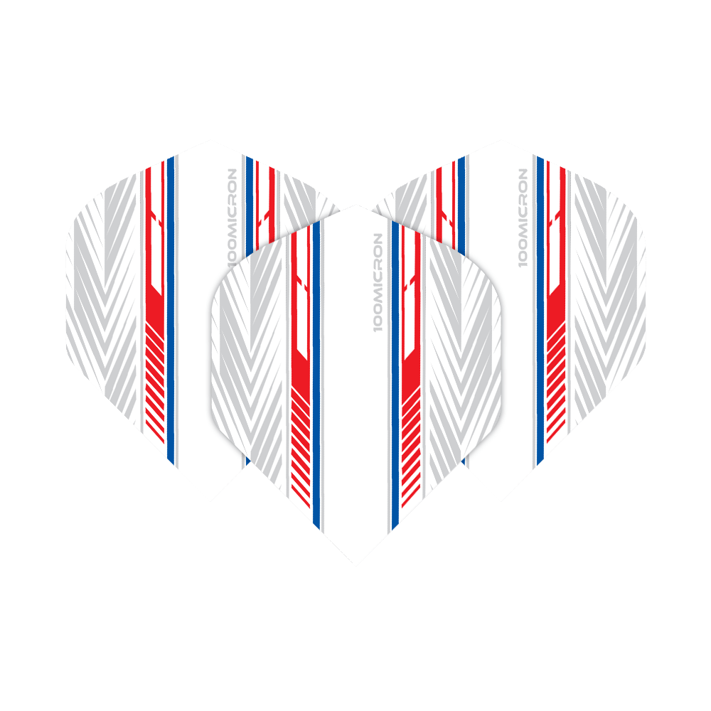 Voli Pentathlon bianchi/rossi/blu Das Bild zeigt die "Pentathlon White Red Blue No2 Standard Flights". Die Flights sind überwiegend weiß mit roten, blauen und grauen Linienmustern.