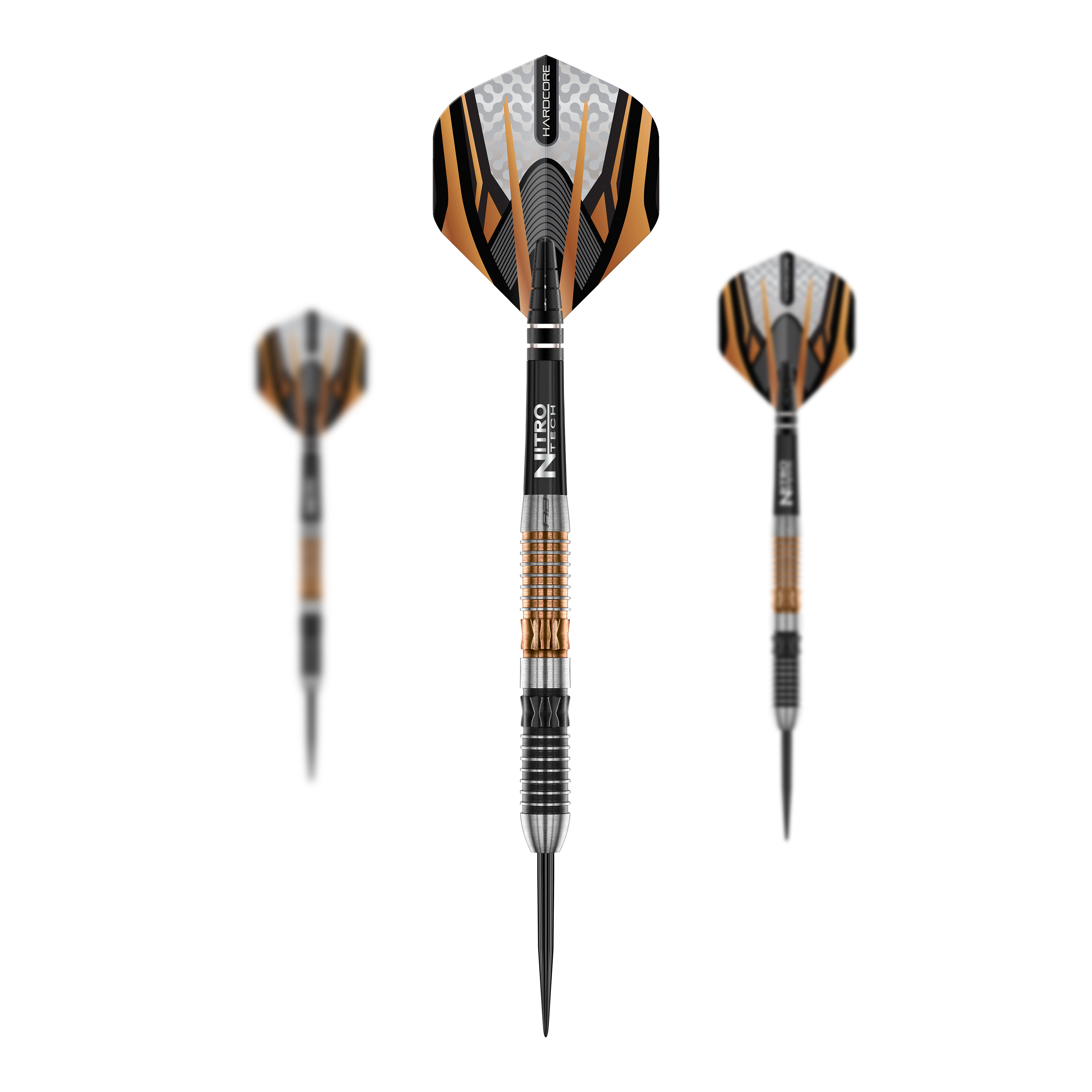 Freccette in acciaio Red Dragon Panterra Das Bild zeigt drei Red Dragon Panterra Steeldarts mit auffälligem Design in Schwarz, Silber und Gold. Die Darts haben eine spitze Metallspitze und strukturierte Griffringe am Schaft.