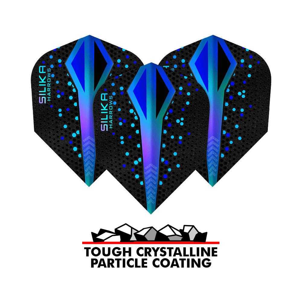 Rivestimento cristallino resistente Harrows Silika Colourshift Blue No6 Flights Das Bild zeigt drei Harrows Silika Colourshift Tough Crystalline Coating Blue No6 Flights. Darunter befindet sich ein Logo mit der Aufschrift "Tough Crystalline Particle Coating".