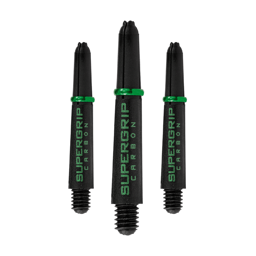 HR360_Harrows_Supergrip_Carbon_Shafts_Gr-n_33mm_10sZZZfPlSbL56 Das Bild zeigt drei schwarze Harrows Supergrip Carbon Shafts mit grünen Ringen. Die Schrift „SUPERGRIP CARBON“ ist in grüner Farbe auf den Schäften zu sehen.