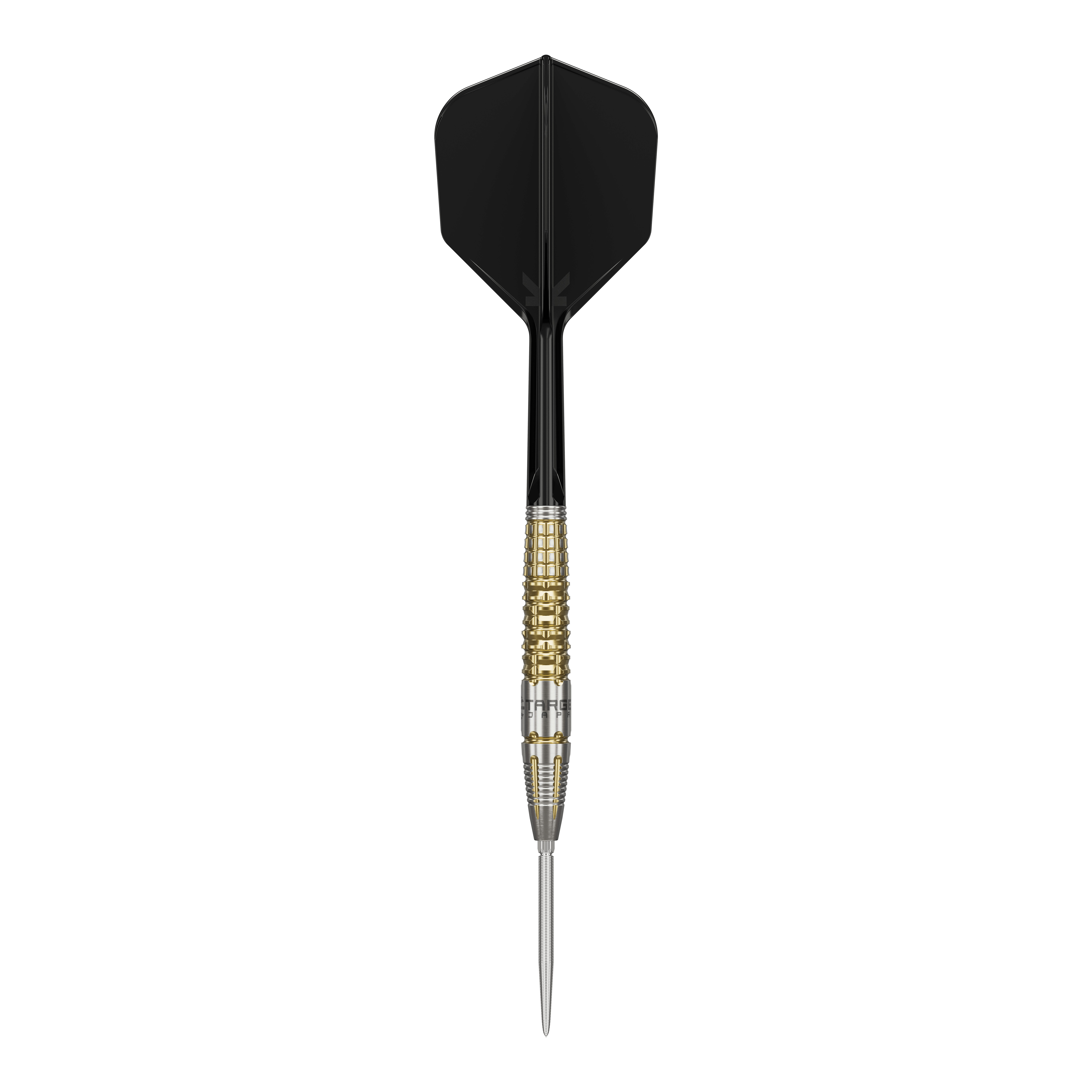 Das Bild zeigt einen Target Black Marque Warrior Swiss Point Steeldart. Der Dart hat eine schwarze Flight, einen gold-silbernen Griffbereich und eine spitze Stahlspitze.
