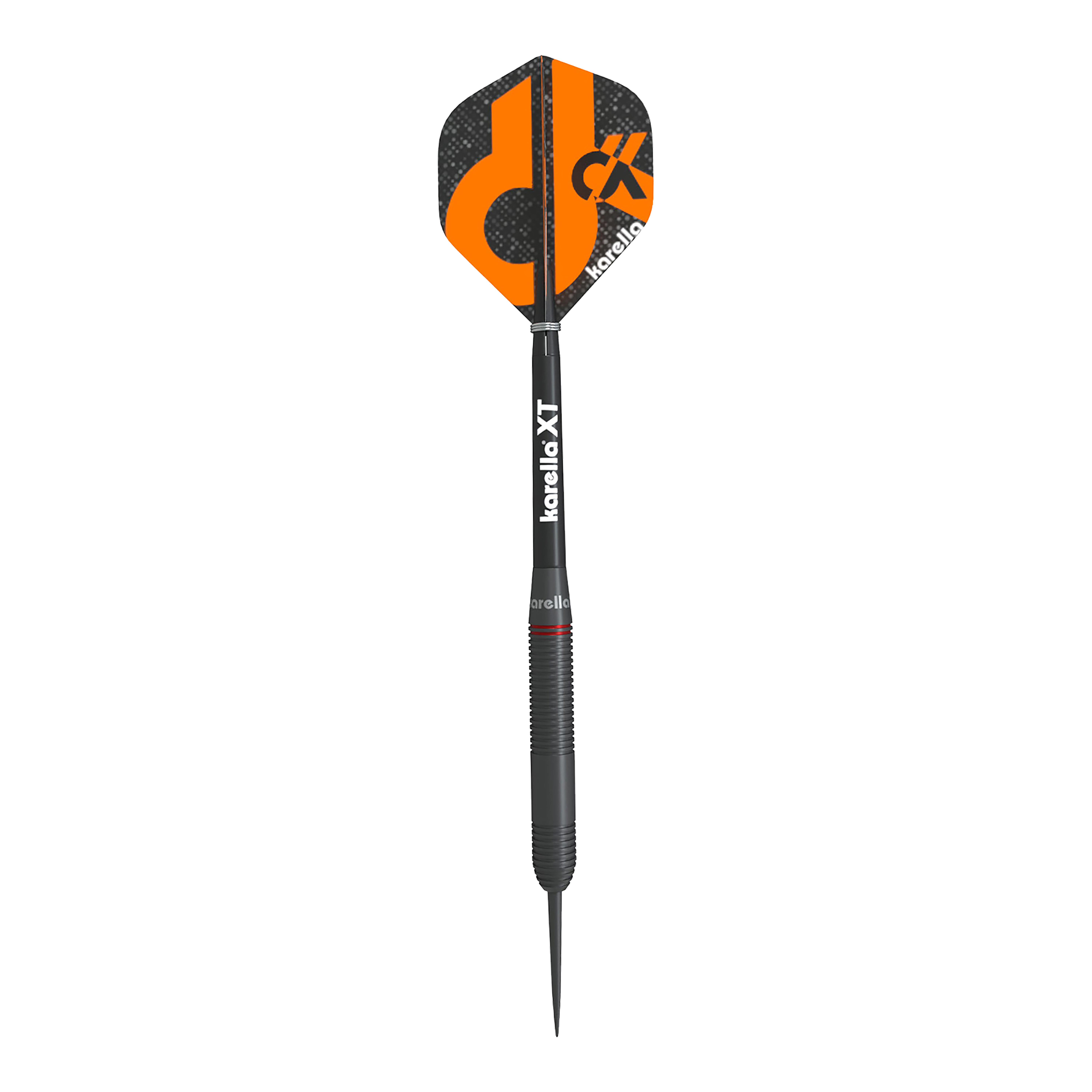 Freccette in acciaio Karella Daniel Klose Der Karella Daniel Klose Steeldart ist ein schwarzer Dartpfeil mit orangem Design auf dem Flight. Auf dem Schaft steht "karella XT" und der Flight trägt das Karella-Logo.