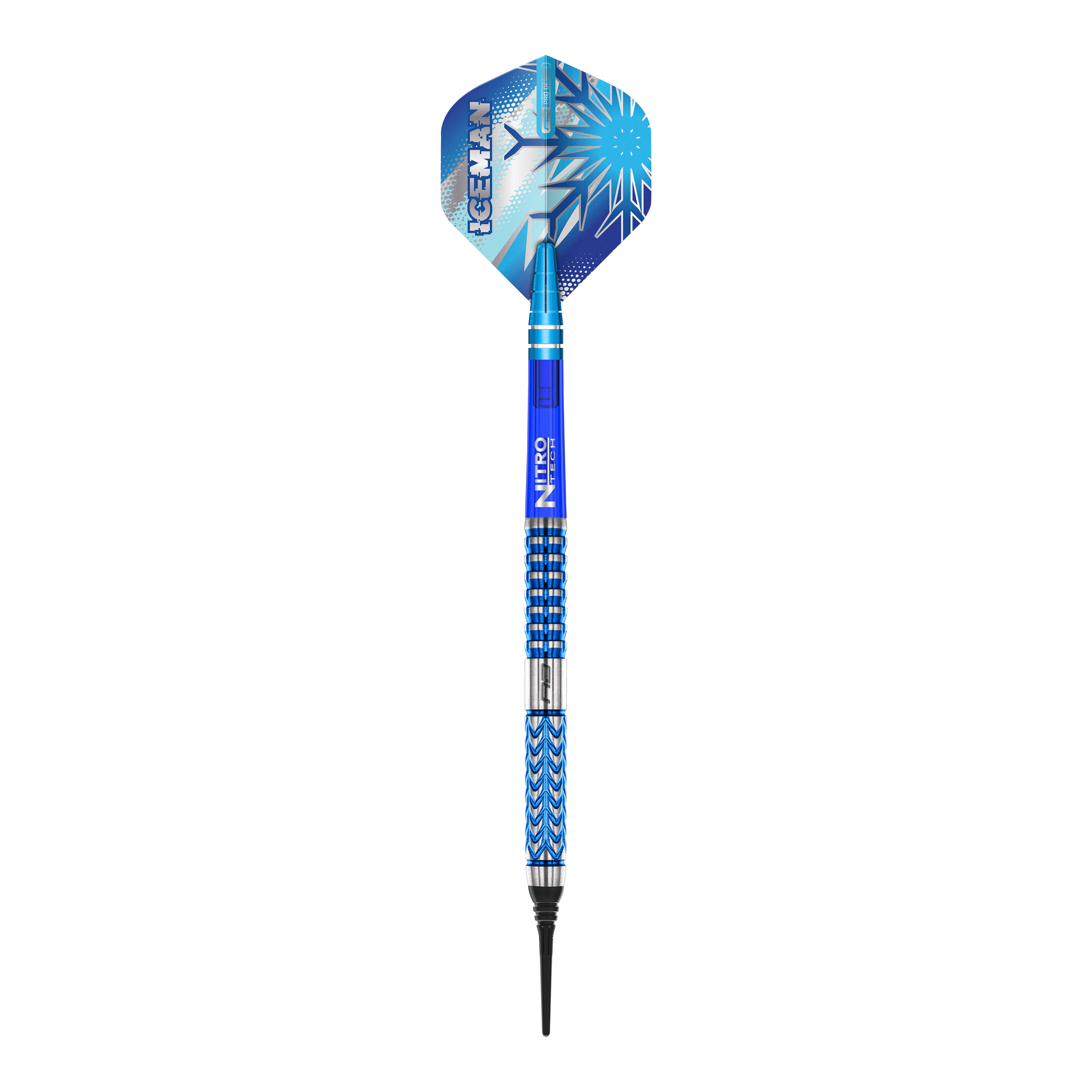 Freccette morbide Red Dragon Gerwyn Price Glacier - 18 g Dieses Bild zeigt den Red Dragon Gerwyn Price Glacier Softdart mit einem Gewicht von 18g. Der Dart hat ein auffälliges blaues Design mit eisigen Mustern und dem Schriftzug "ICEMAN" auf der Flights.