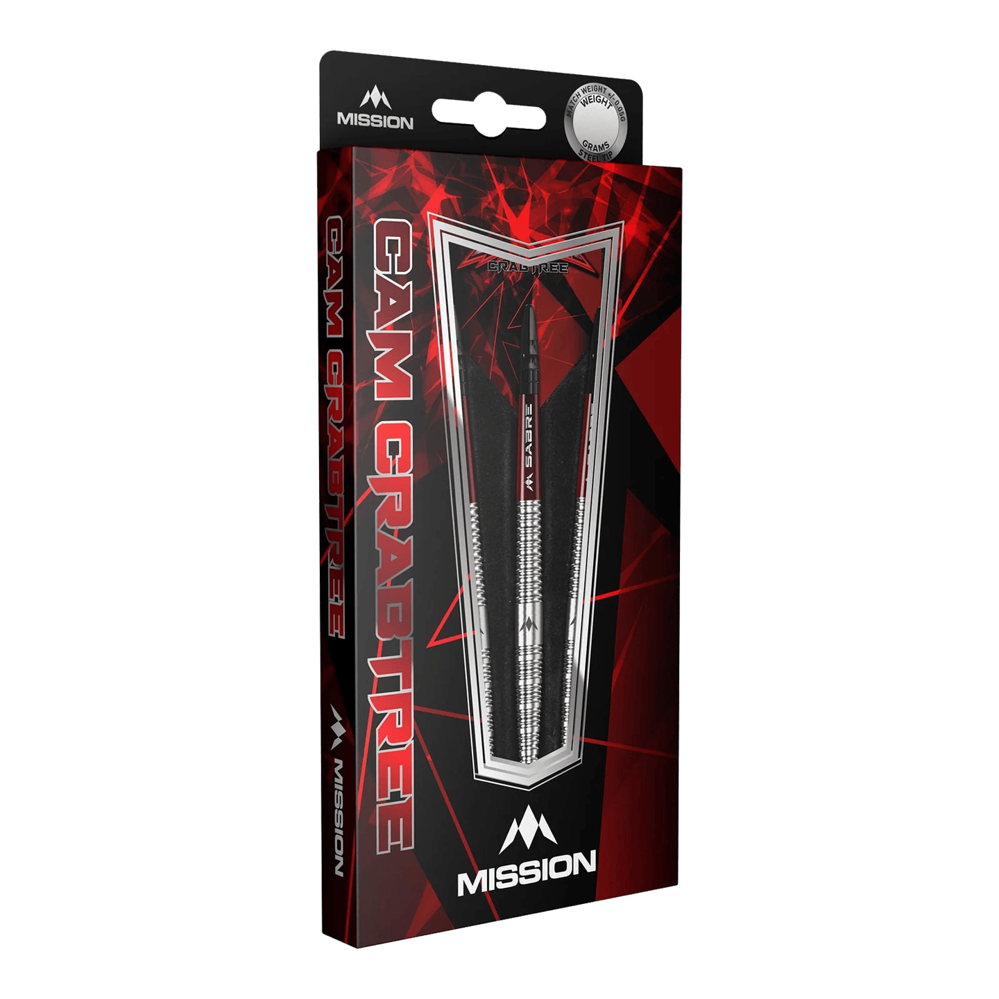 Das Bild zeigt die Mission Cam Crabtree Natural Steeldarts. Diese Darts sind robust und für präzises Werfen geeignet.