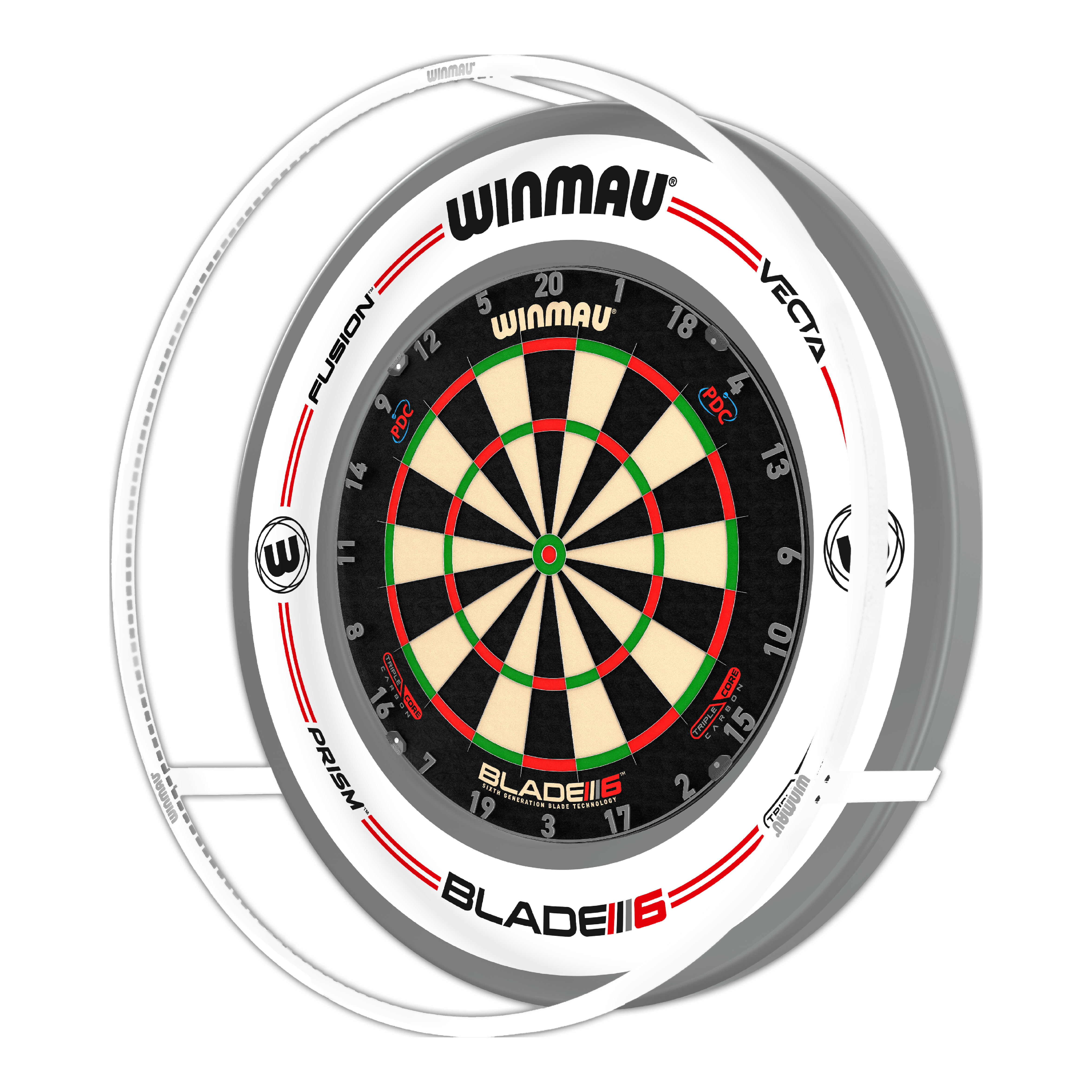 PACCHETTO Illuminazione a LED e surround Winmau Plasma Ice Das Bild zeigt ein Winmau Plasma Ice LED Beleuchtung und Surround Bundle mit einer Dartscheibe. Die Scheibe ist von einem beleuchteten Ring und einem weißen Surround umgeben.