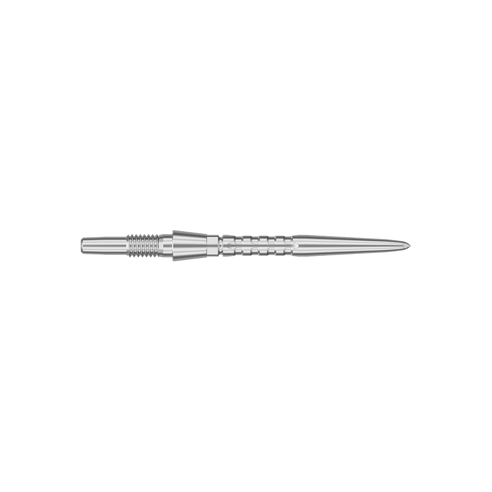 Punte per freccette in acciaio Target Swiss Point Storm Surge - argento Das Bild zeigt eine silberne Steeldartspitze mit feinen Rillen und einem spitzen Ende. Die Spitze ist schlank und hat eine Länge von 26 mm.