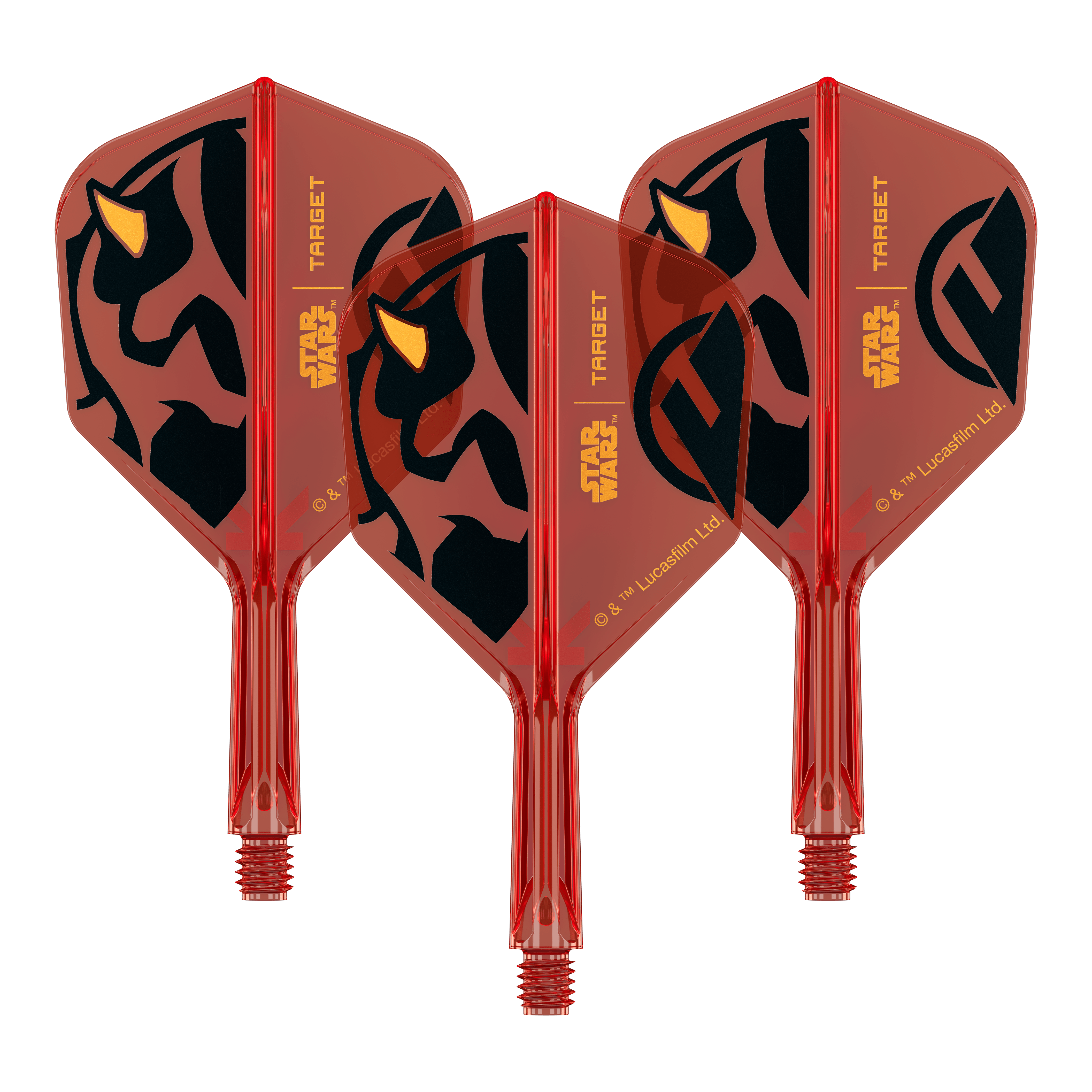 Voli Target Star Wars K-Flex Darth Maul No6 Ein Set von Dartflights mit Star Wars Motiv, wie im Dateinamen '410520_Target_StarWars_KFlex_DarthMaul_No6_Flights_Short_19mm_1Set' angegeben. Das Bild zeigt mehrere Flights im Darth Maul Design.