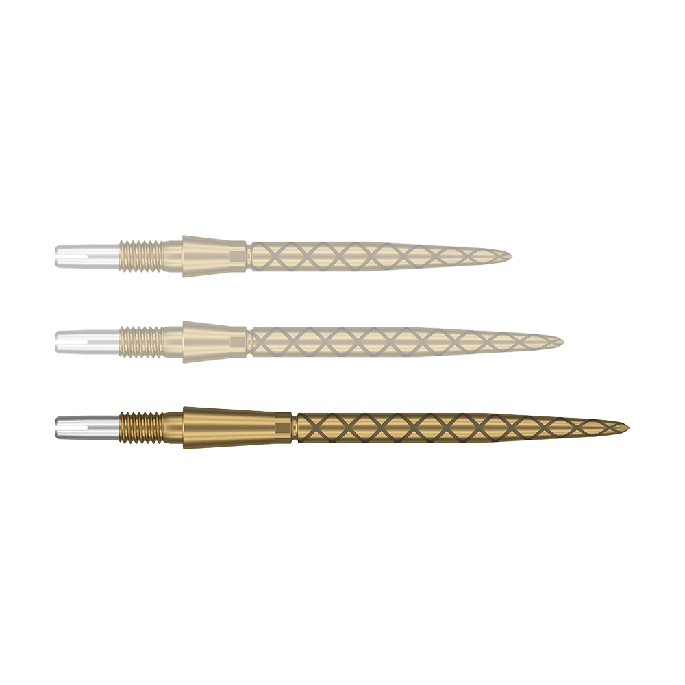 Punte per freccette Target Swiss Storm Diamond Point - Oro Das Bild zeigt drei goldfarbene Dartspitzen mit einem rautenförmigen Muster. Die Enden der Spitzen sind silbern und haben ein Gewinde zum Befestigen.
