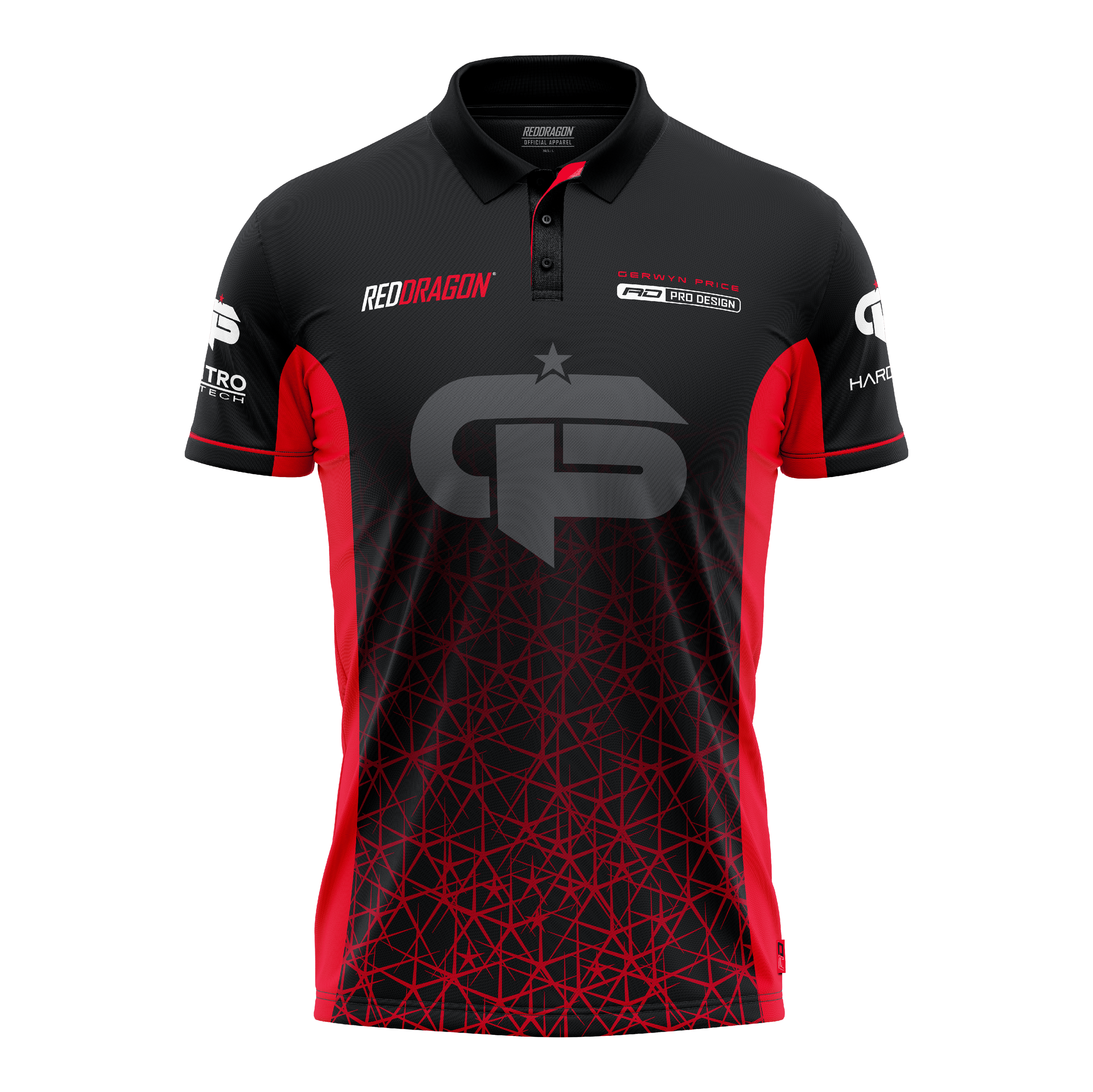 Maglia da freccette polo rossa Tour Gerwyn Price Red Dragon Das Bild zeigt ein schwarzes und rotes Dartshirt mit dem Namen "Red Dragon Gerwyn Price Red Tour Polo Dartshirt". Auf der Vorderseite sind Logos und ein großes GP-Emblem zu sehen.
