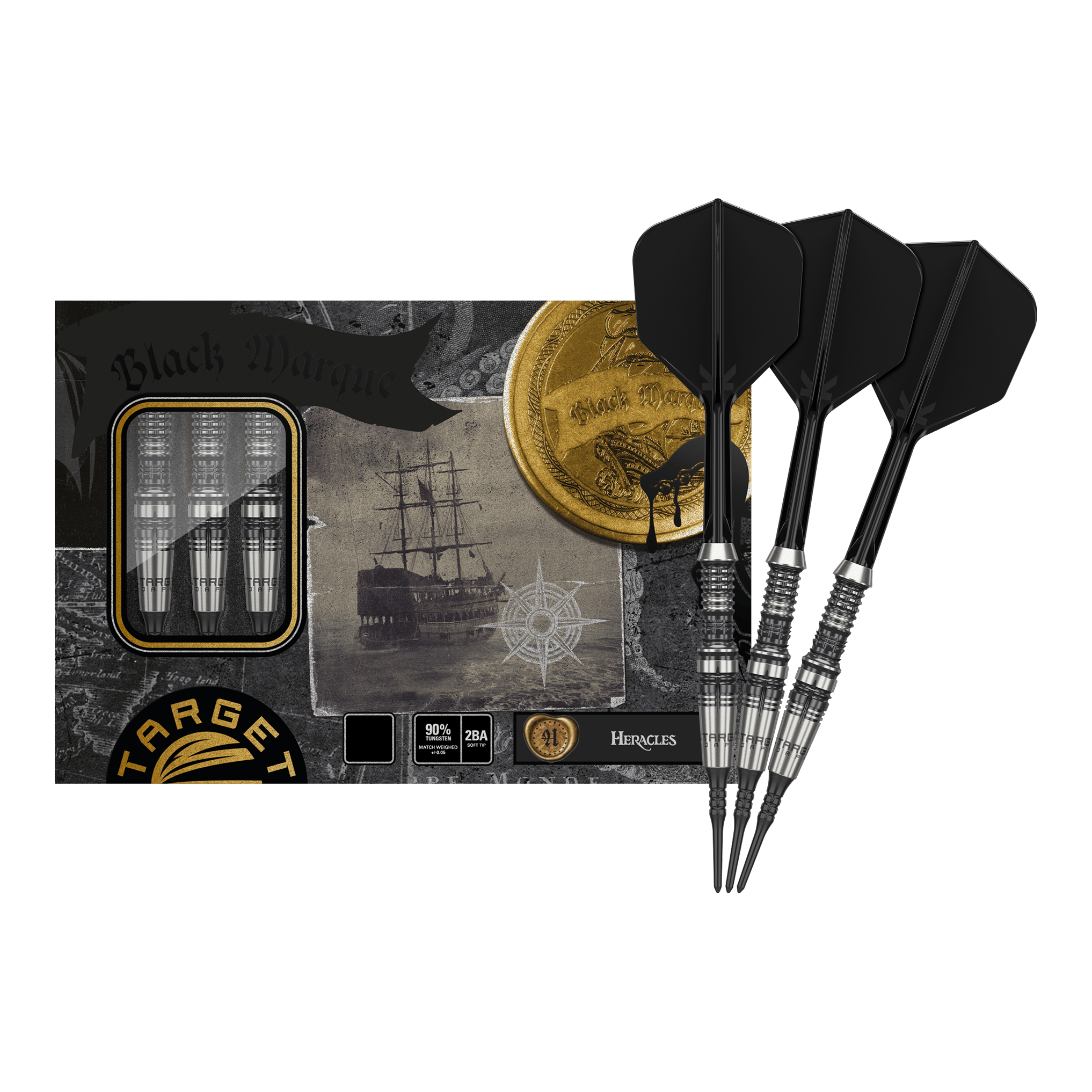 Target Japan Black Marque Heracles Soft Darts - 18 g Das Bild zeigt das Produkt "Target Japan Black Marque Heracles Softdarts - 18g" mit drei schwarzen Softdarts. Die Verpackung ist mit maritimen Motiven und goldenen Details gestaltet.
