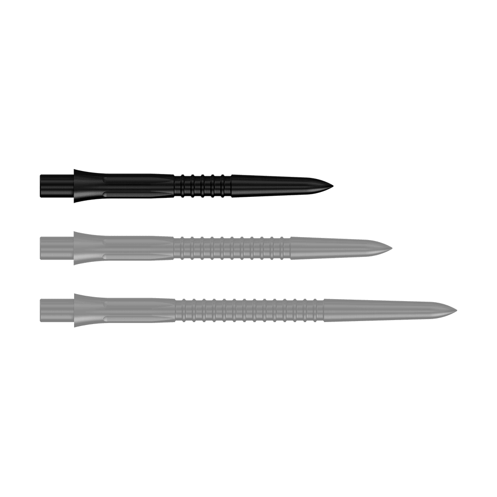 Punte per freccette Mission Caliburn EVO GV1 - Nere Schwarze Steeldartspitzen, 26 mm Länge, aus der Misson Caliburn EVO GV1 Serie. Die Aufnahme zeigt eine Detailansicht der Dartspitzen.