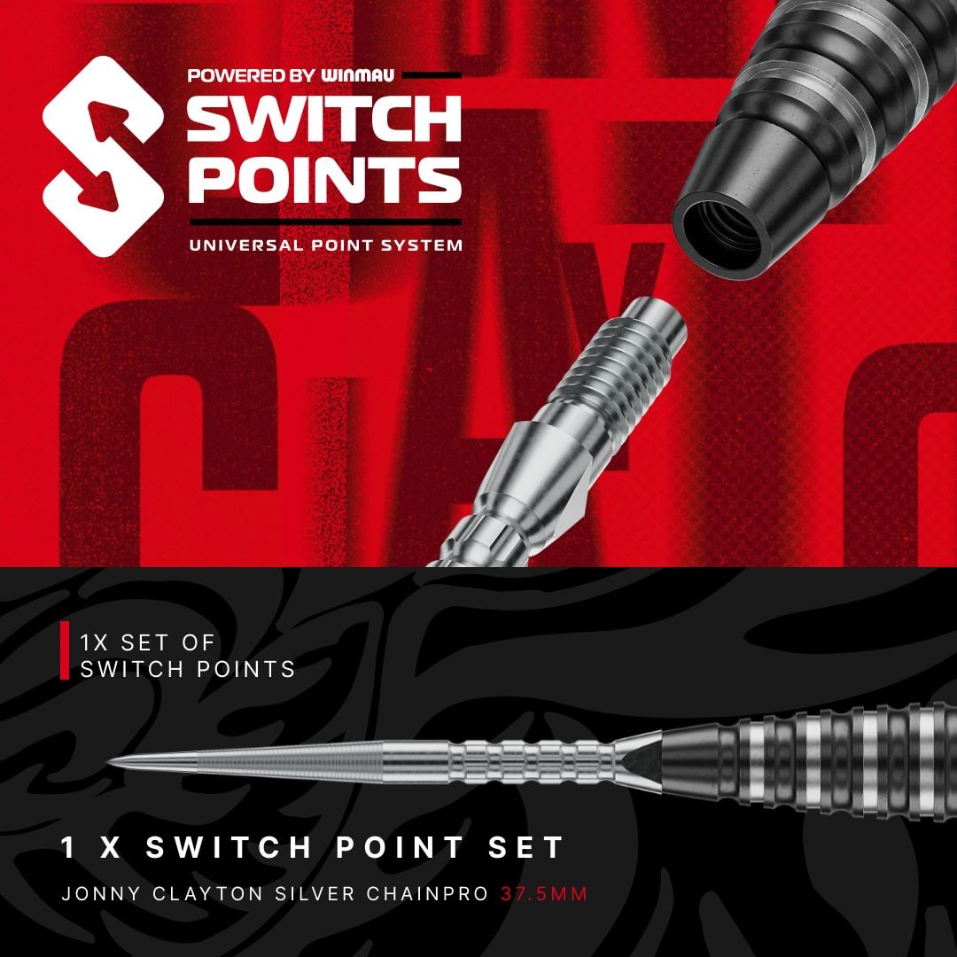 Freccette in acciaio Switch Point Red Dragon Jonny Clayton RD-PRO Das Bild präsentiert Red Dragon Jonny Clayton RD-PRO Switch Point Steeldarts. Die Dartpfeile sind geordnet auf einer hellen Fläche zu sehen.