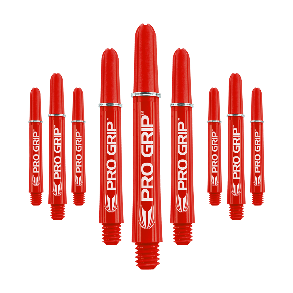 Target Pro Grip Shafts - 3 set - Rosso Das Bild zeigt mehrere rote Dartschäfte mit der Aufschrift "PRO GRIP". Die Schäfte sind in einer symmetrischen Anordnung dargestellt und heben sich deutlich vom Hintergrund ab.