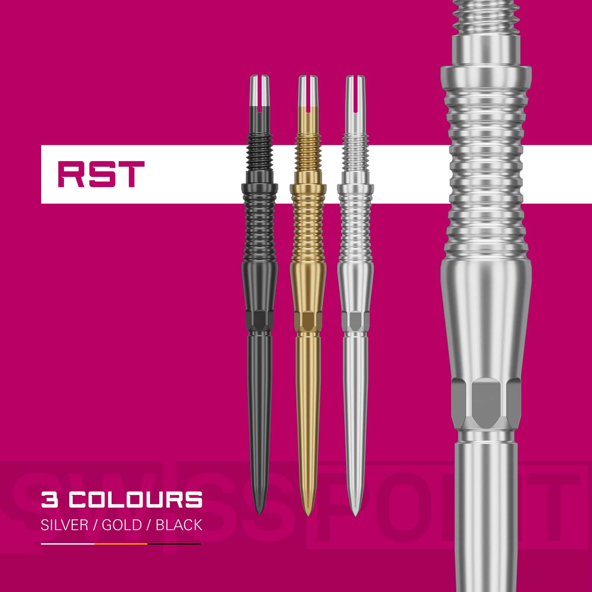 Punte per freccette Target Swiss Point Signature RST - Argento Target Swiss Point Dartspitzen Signature RST - Silber wird dargestellt. Die Spitzen sind robust und elegant gestaltet.