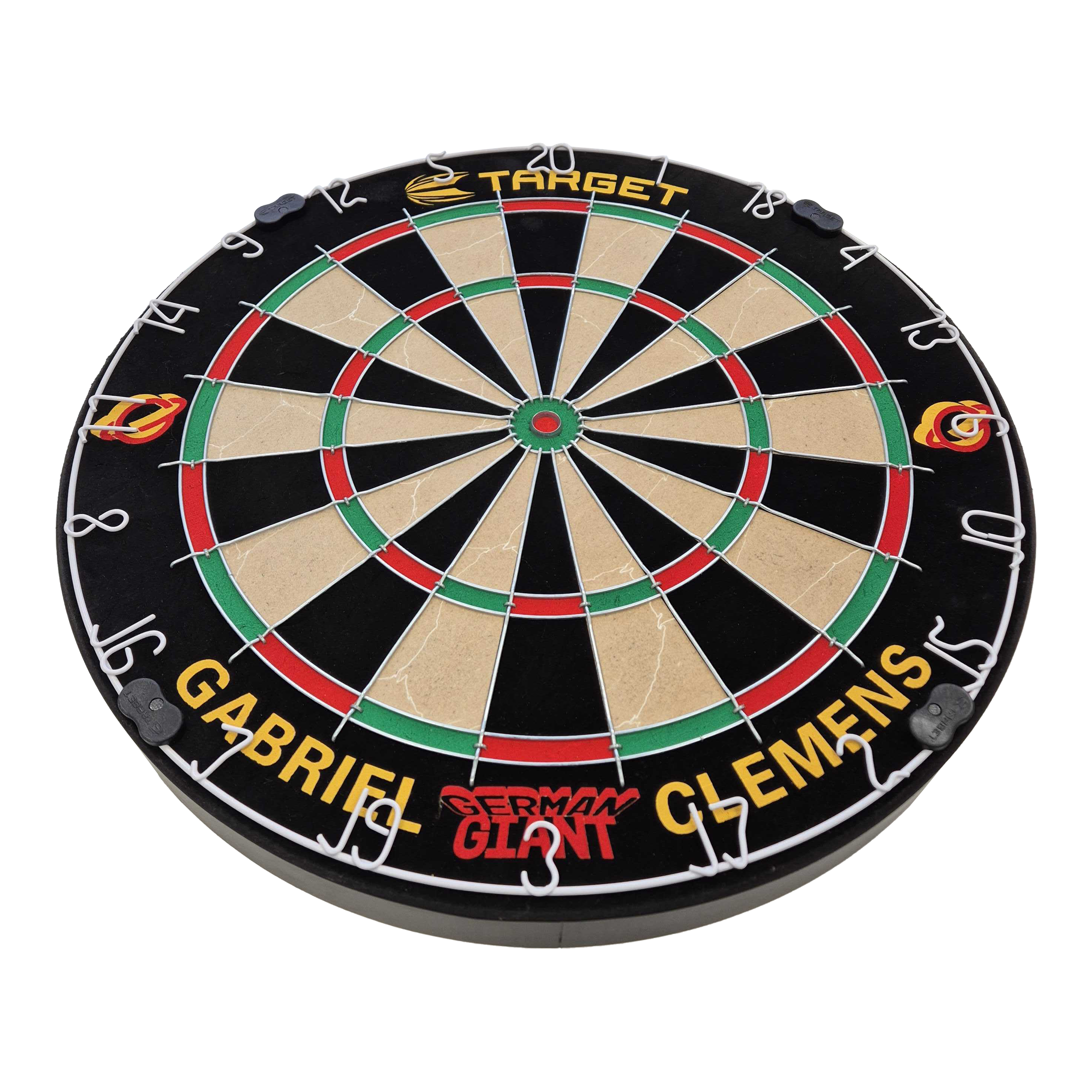 Set di bersagli per freccette in acciaio Target Gabriel Clemens Dies ist eine Steeldartboard-Set mit der Aufschrift „Gabriel Clemens“ und „German Giant“. Das Board ist von der Marke Target und hat die klassischen Farben und Markierungen eines Dartboards.