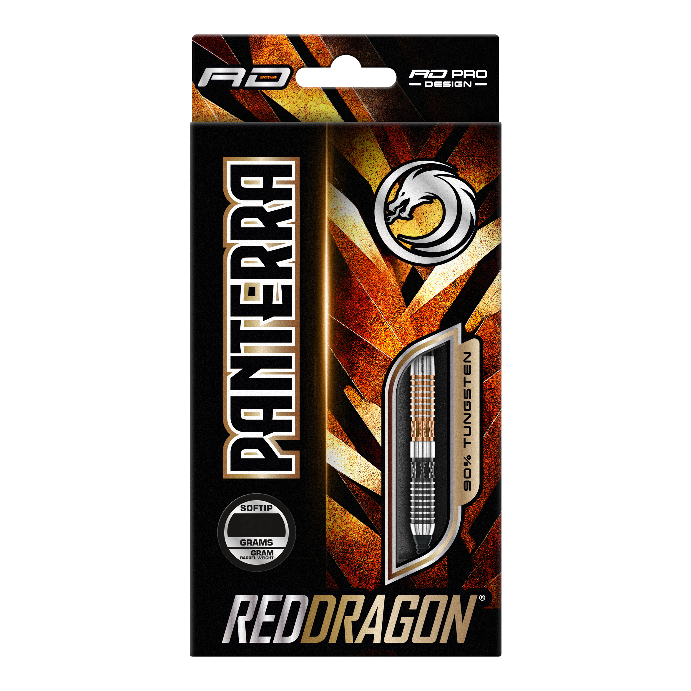 Freccette morbide Red Dragon Panterra - 20 g Das Bild zeigt eine Verpackung der "Red Dragon Panterra Softdarts - 20g". Die Packung ist auffällig gestaltet und hebt den Schriftzug "Panterra" sowie das Red Dragon-Logo hervor.