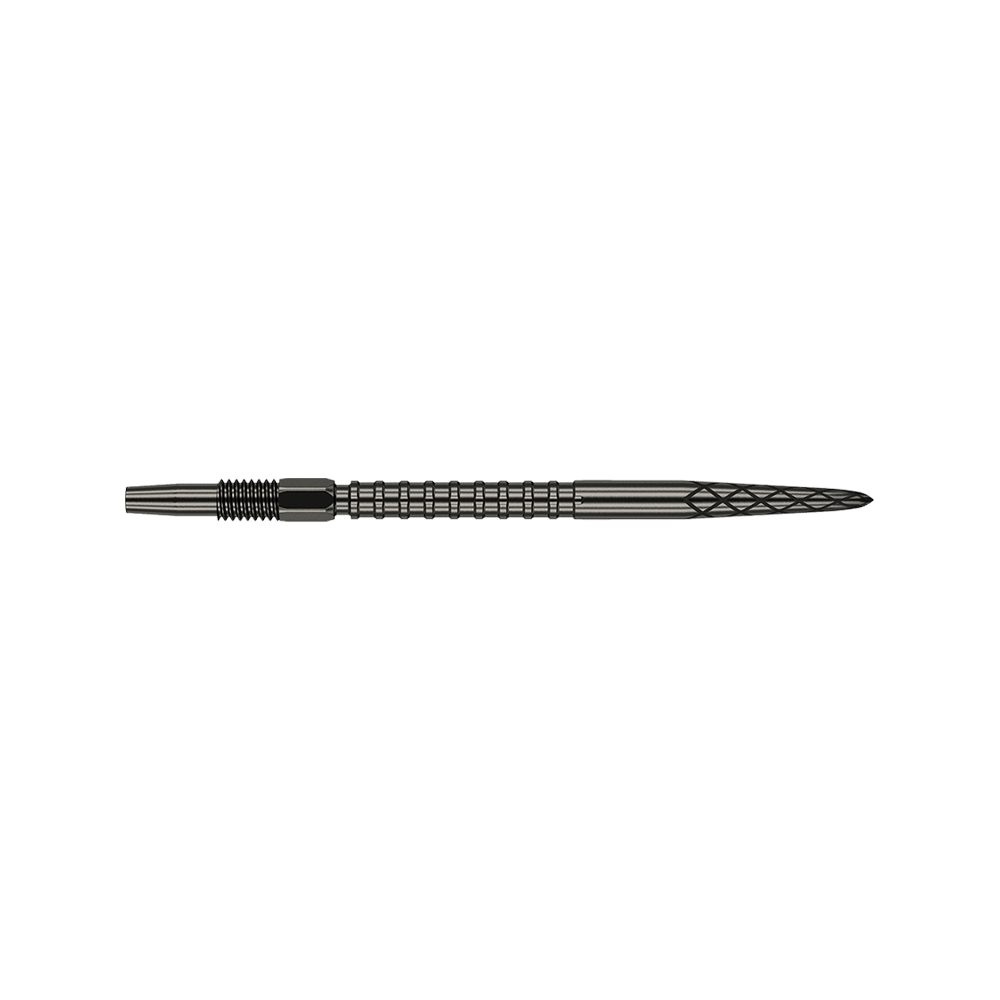 Puntali per freccette Target Swiss DS Surge Point - Nero Das Bild zeigt eine schwarze Dartspitze mit geriffelten und eingekerbten Mustern. Die Spitze ist 35 mm lang und hat ein elegantes, technisches Design.