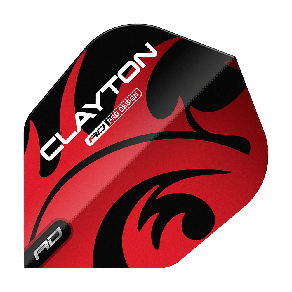 Voli Red Dragon Jonny Clayton Red Black No6 Das Bild zeigt ein Dartflight mit dem Namen "Red Dragon Jonny Clayton Red Black No6 Flights". Das Flight ist rot und schwarz gestaltet und trägt den Aufdruck "Clayton".