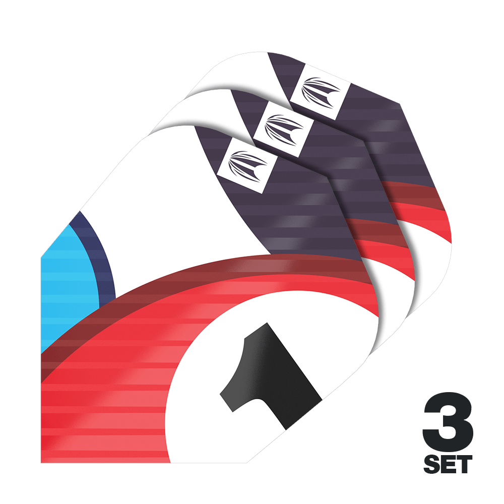 Alette Target Pro Ultra Chicane Blue Ten-X - 3 set Das Bild zeigt drei Sets der Target Pro Ultra Chicane Blue Ten-X Flights. Die Flights haben ein farbenfrohes Design mit Rot, Blau, Weiß und Schwarz sowie einer Nummer 1.