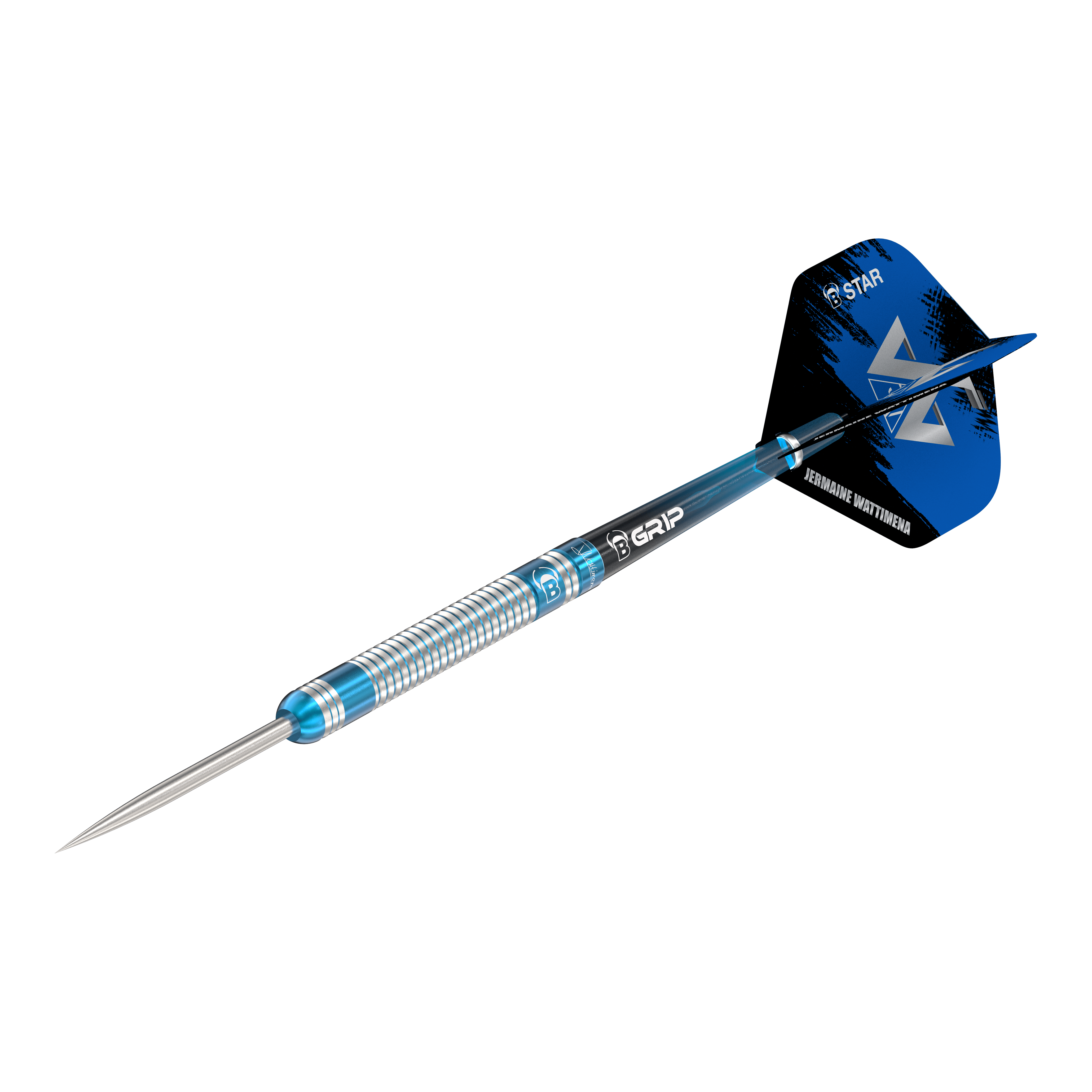 Freccette in acciaio Bulls Jermaine Wattimena Generation 3 Das Bild zeigt einen Steeldartpfeil mit silber-blauer Riffelung am Barrel. Auf dem Flight steht „Jermaine Wattimena“ und er ist mit dem Produktnamen „Bulls Jermaine Wattimena Generation 3 Steeldarts“ versehen.