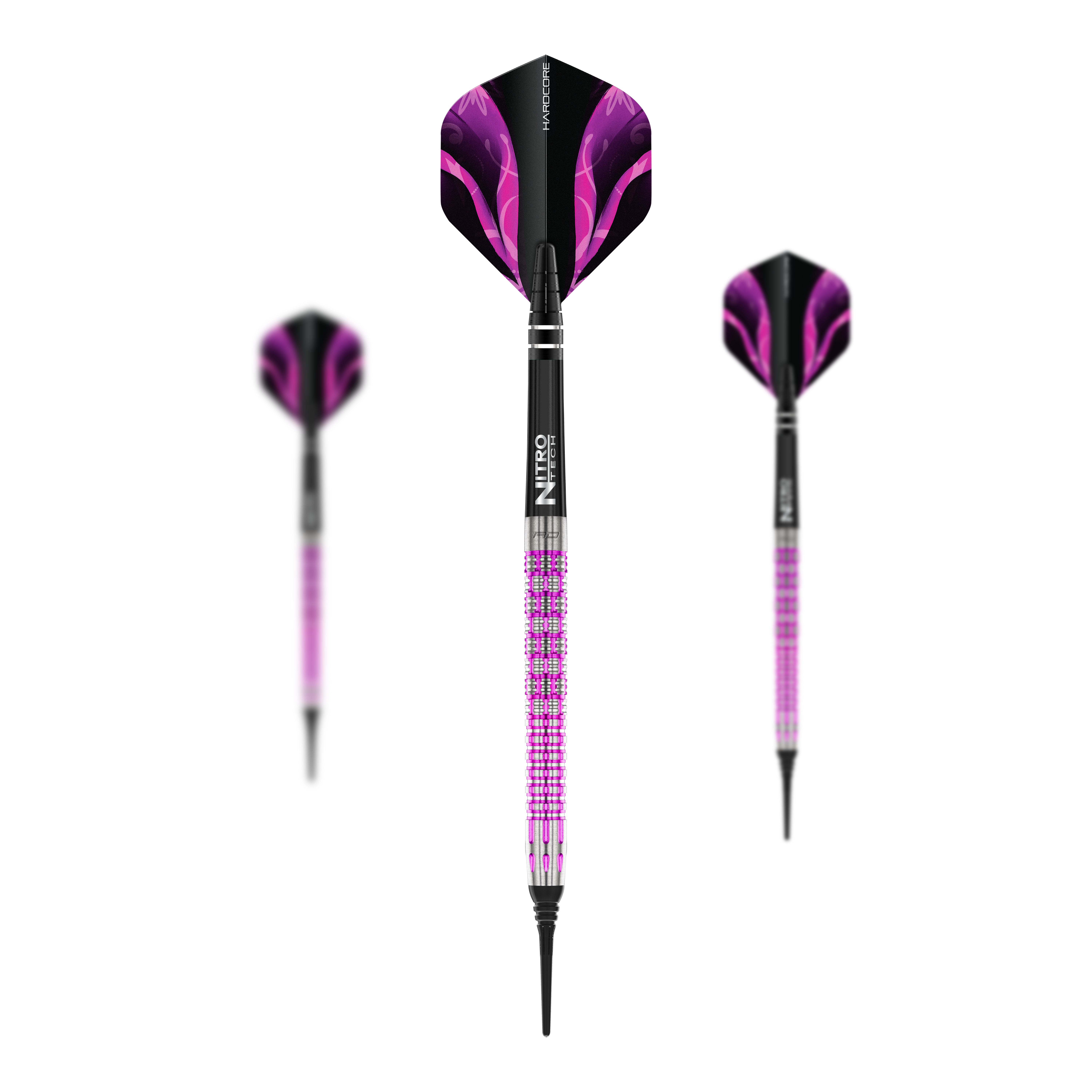 Freccette morbide Red Dragon Tyrian - 22 g Das Bild zeigt drei Red Dragon Tyrian Softdarts mit einem Gewicht von 22g. Die Darts sind hauptsächlich lila und schwarz gestaltet und haben auffällige Muster auf den Flights.