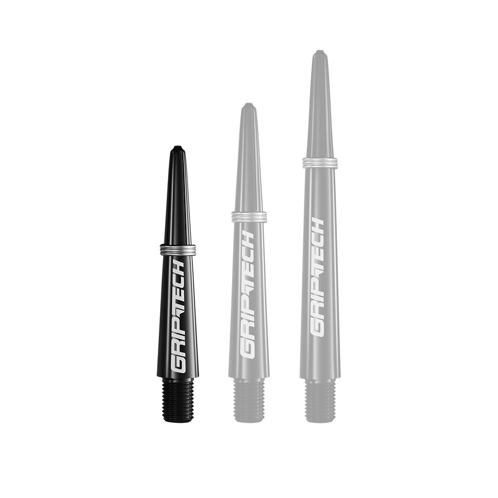 Alberi GOAT Griptech - Neri Das Bild zeigt drei schwarze Dartschäfte in unterschiedlichen Längen mit der Aufschrift "GRIPTECH". Sie sind senkrecht nebeneinander angeordnet und haben ein schlichtes, modernes Design.