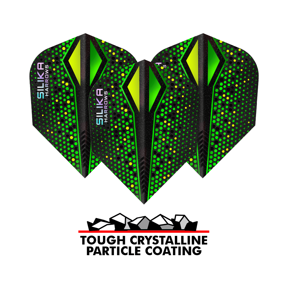 Harrows Silika Colorshift Resistente rivestimento cristallino Green-X No6 Alette Das Bild zeigt drei grüne Harrows Silika Colourshift Tough Crystalline Coating No6 Flights für Darts. Unten befindet sich ein Logo mit der Aufschrift „Tough Crystalline Particle Coating“.