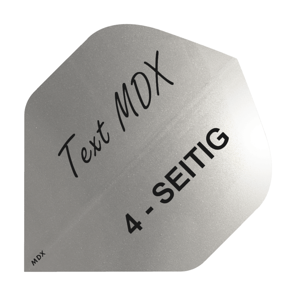 10 set di voli metallici stampati su 4 lati - testo personalizzato - MDX Standard Das Bild zeigt einen silbernen Dartflight mit der Aufschrift "Text MDX" und "4-SEITIG". Der Flight hat eine metallische Oberfläche und eine spezielle Form.