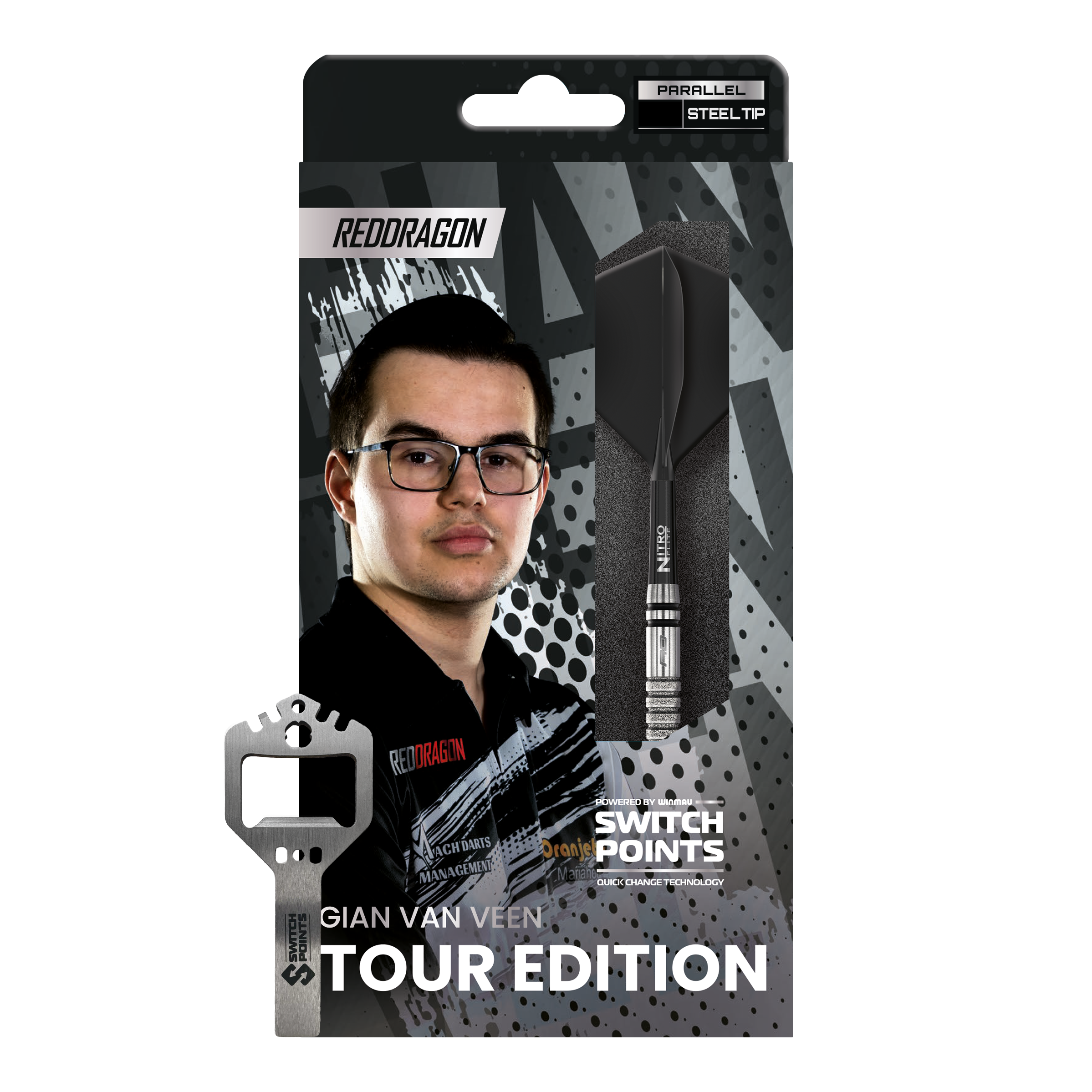 Freccette in acciaio Switch Point Red Dragon Gian Van Veen Tour Edition - 21 g Das Bild zeigt die Red Dragon Gian Van Veen Tour Edition Switch Point Steeldarts - 21g. Die Darts haben ein modernes und robustes Design.